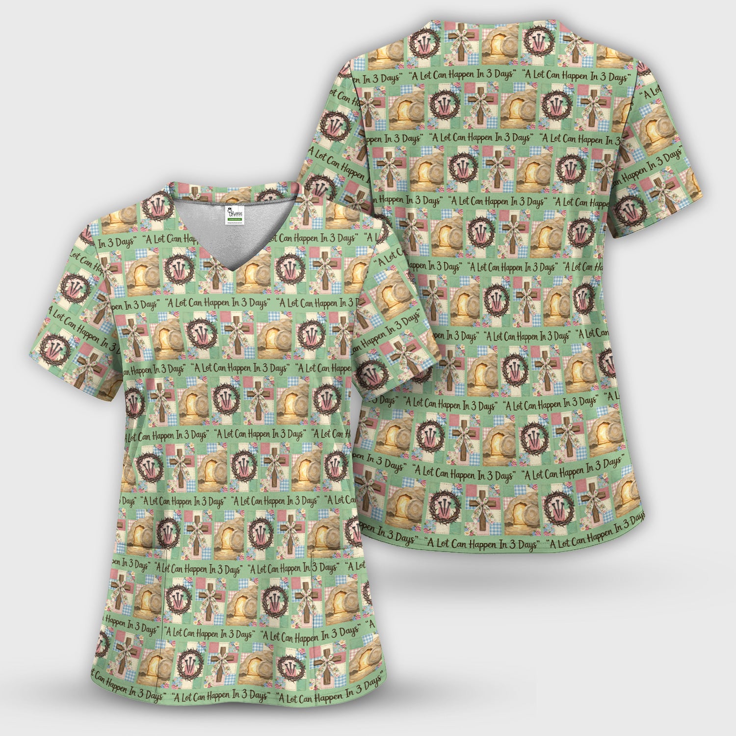 Christian Easter Cross Print Scrub Top, Breathable Fabrics Nursing Uniform