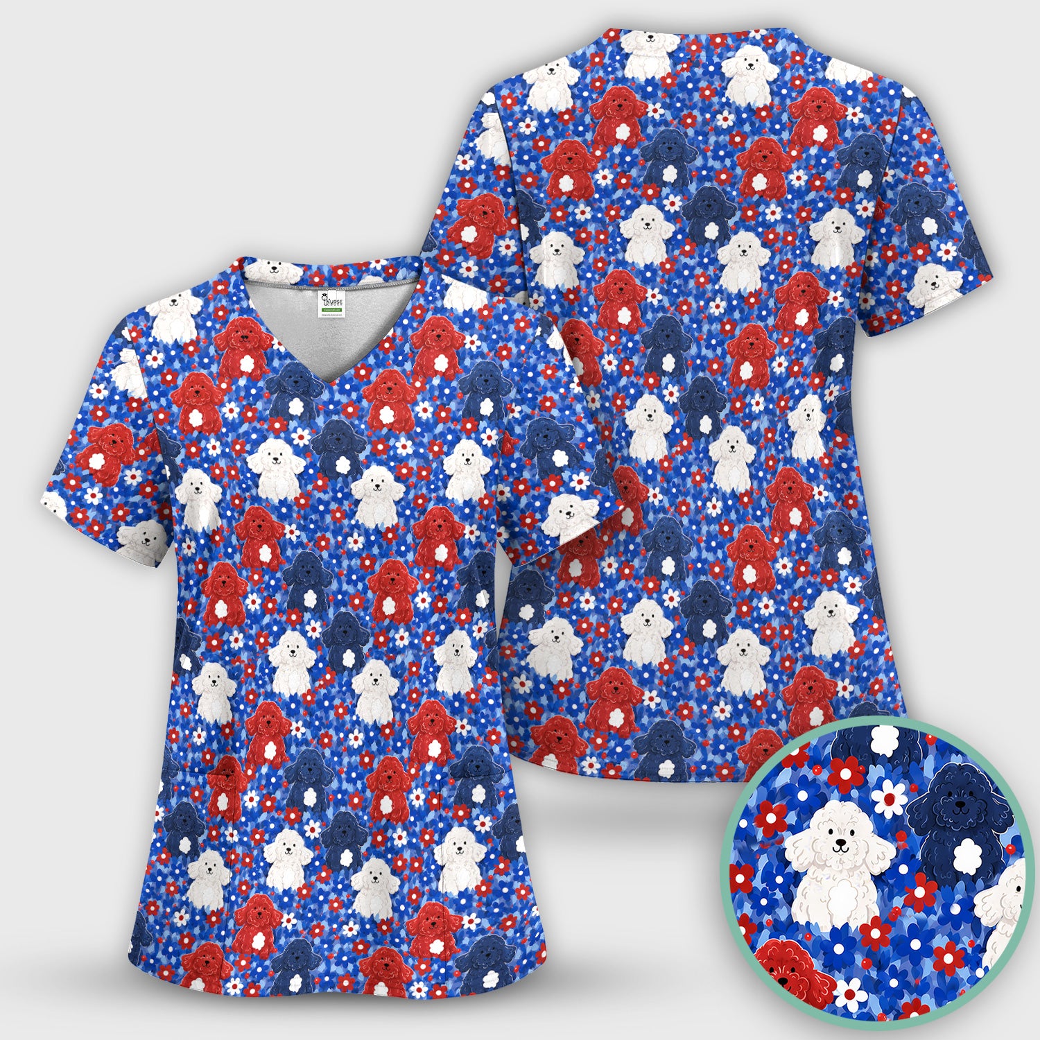 Cute Poodle Floral Garden Print Scrub Top, Comfortable Scrubs for Nurses