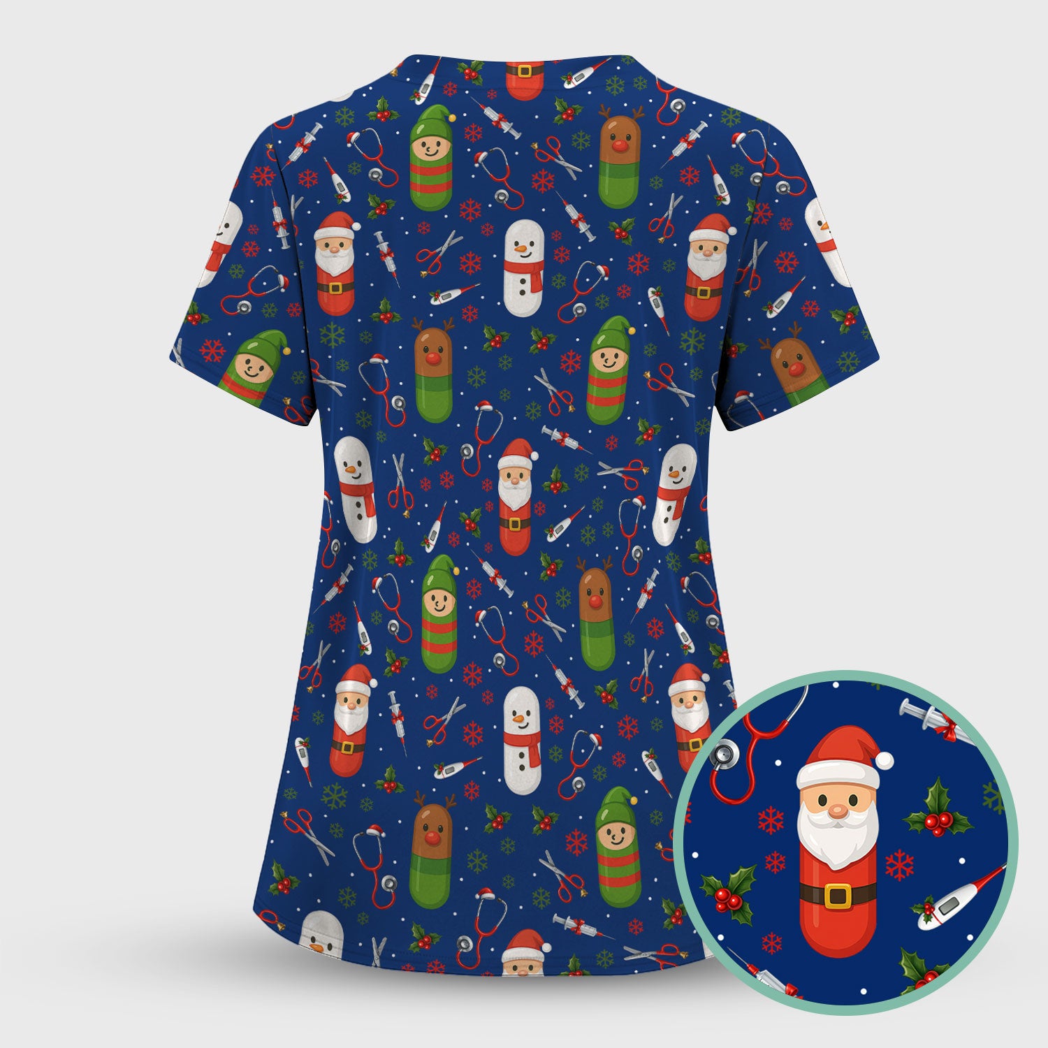 Santa Christmas Scrubs Set - Cute Holiday Pattern with Reindeer and Snowman - Fun Medical Scrub Top and Pants for Women Nurses