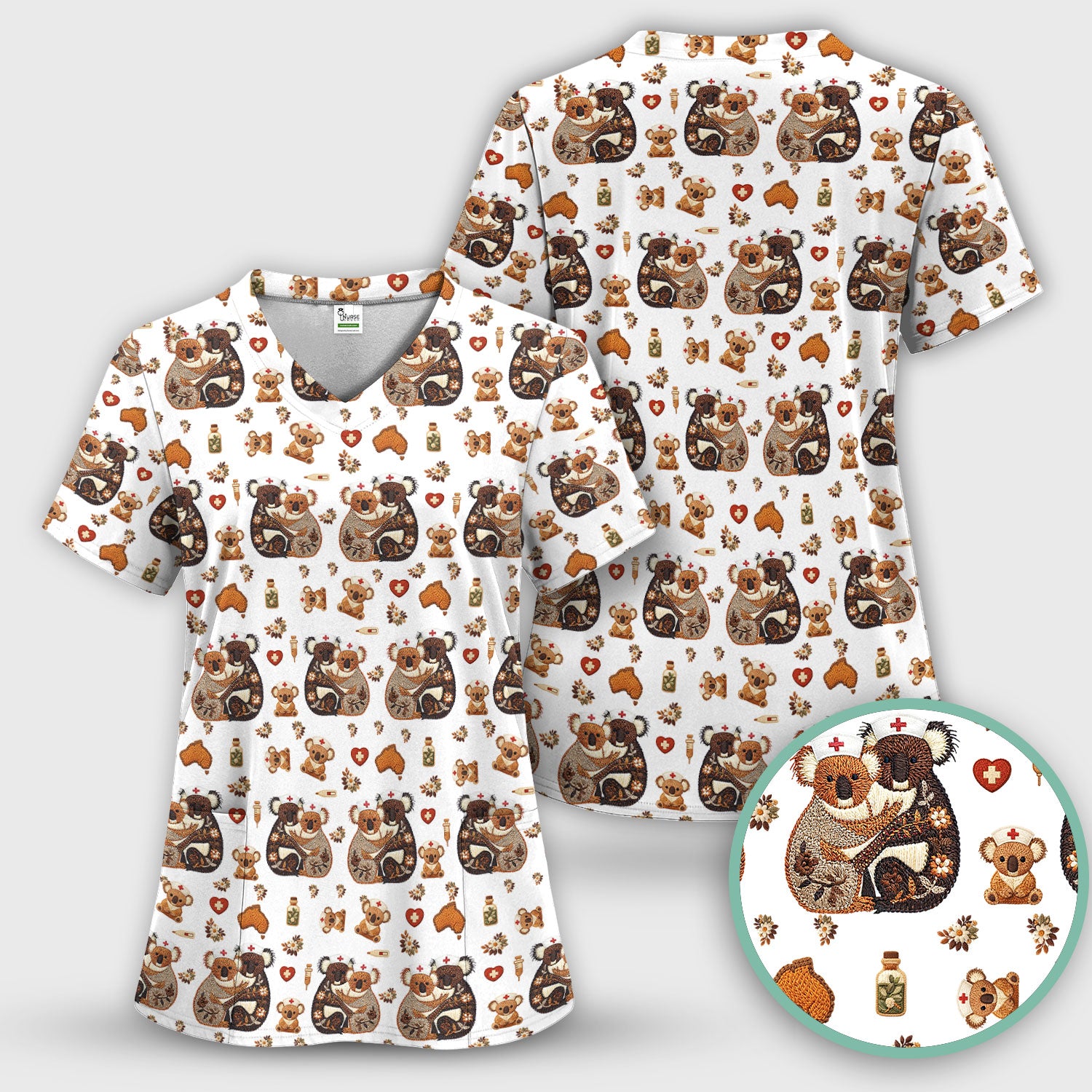 Cute Cartoon Koala Valentine Nurse Design Scrub Top, Breathable Fabrics Nursing Uniform