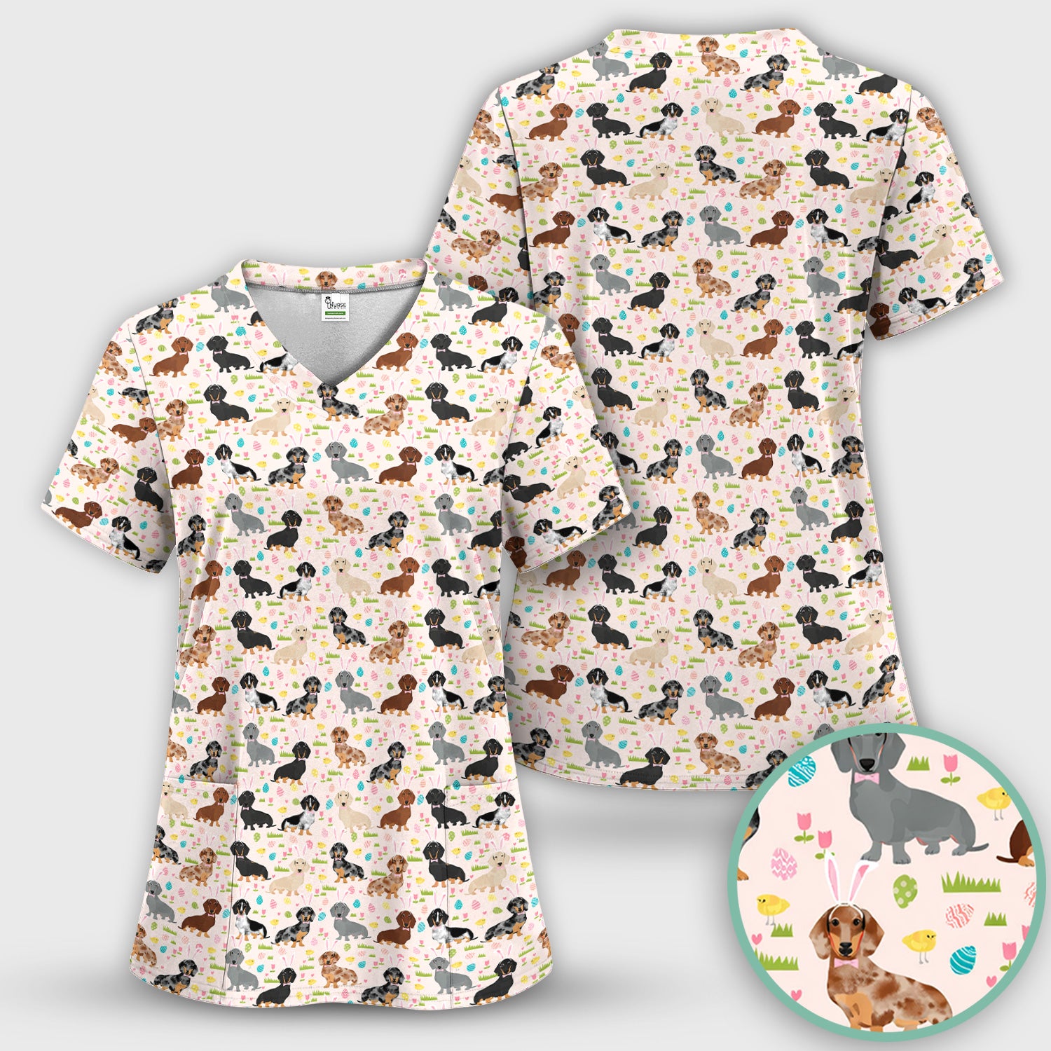Easter Dachshund Dog Pattern Scrub Top, Comfortable Scrubs for Nurses
