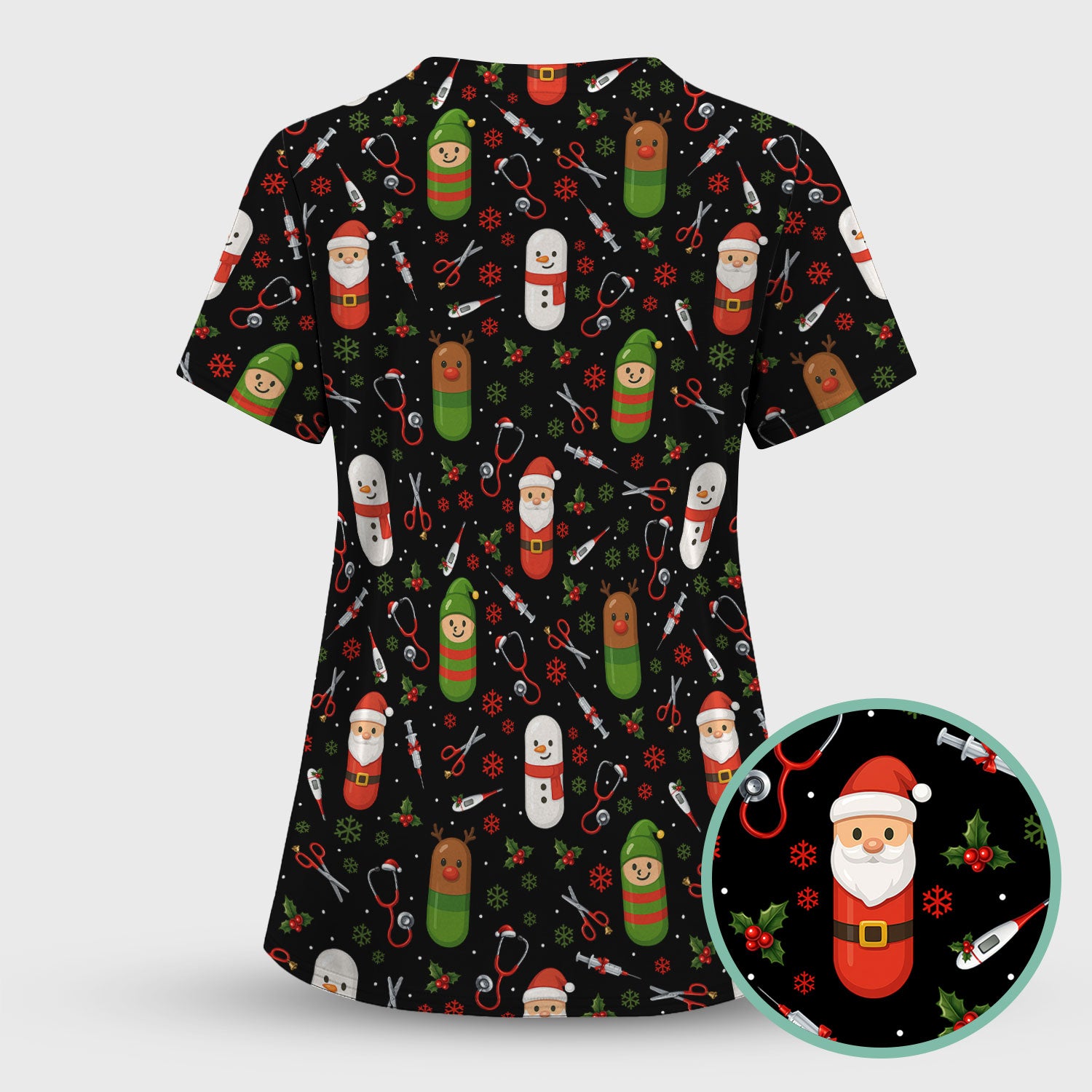 Santa Christmas Scrubs Set - Cute Holiday Pattern with Reindeer and Snowman - Fun Medical Scrub Top and Pants for Women Nurses