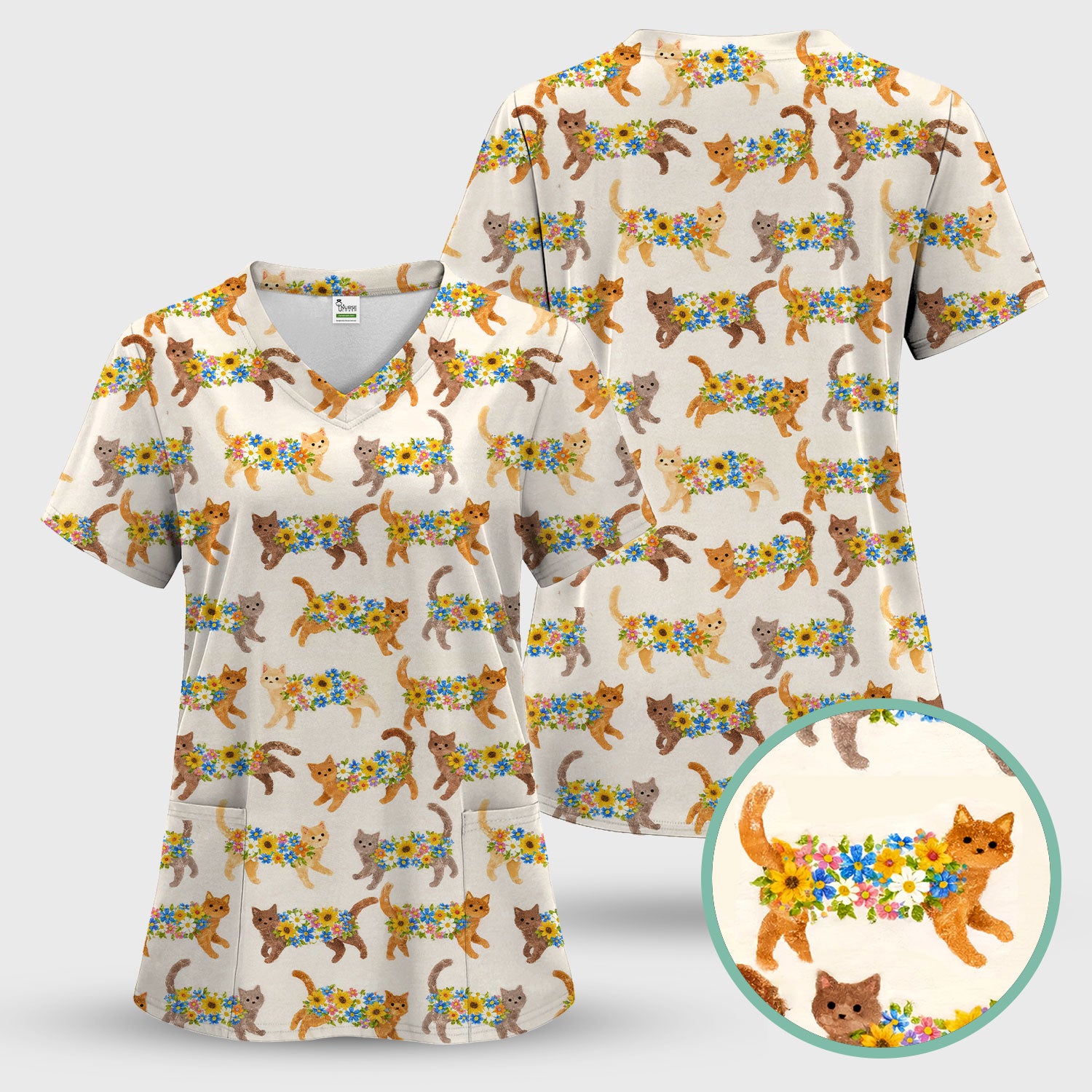Cute Flower Filled Cat Pattern Scrub Top, Breathable Fabrics Nursing Uniform