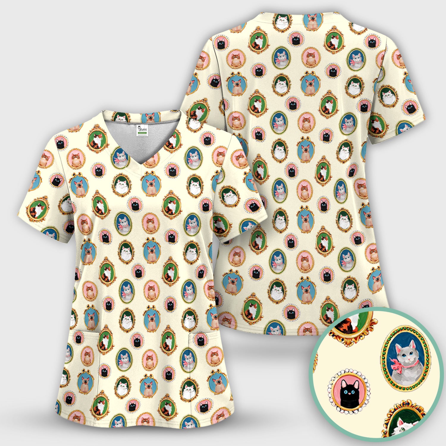 Vintage Cat Portrait Pattern Scrub Top, Breathable Medical Uniform Top