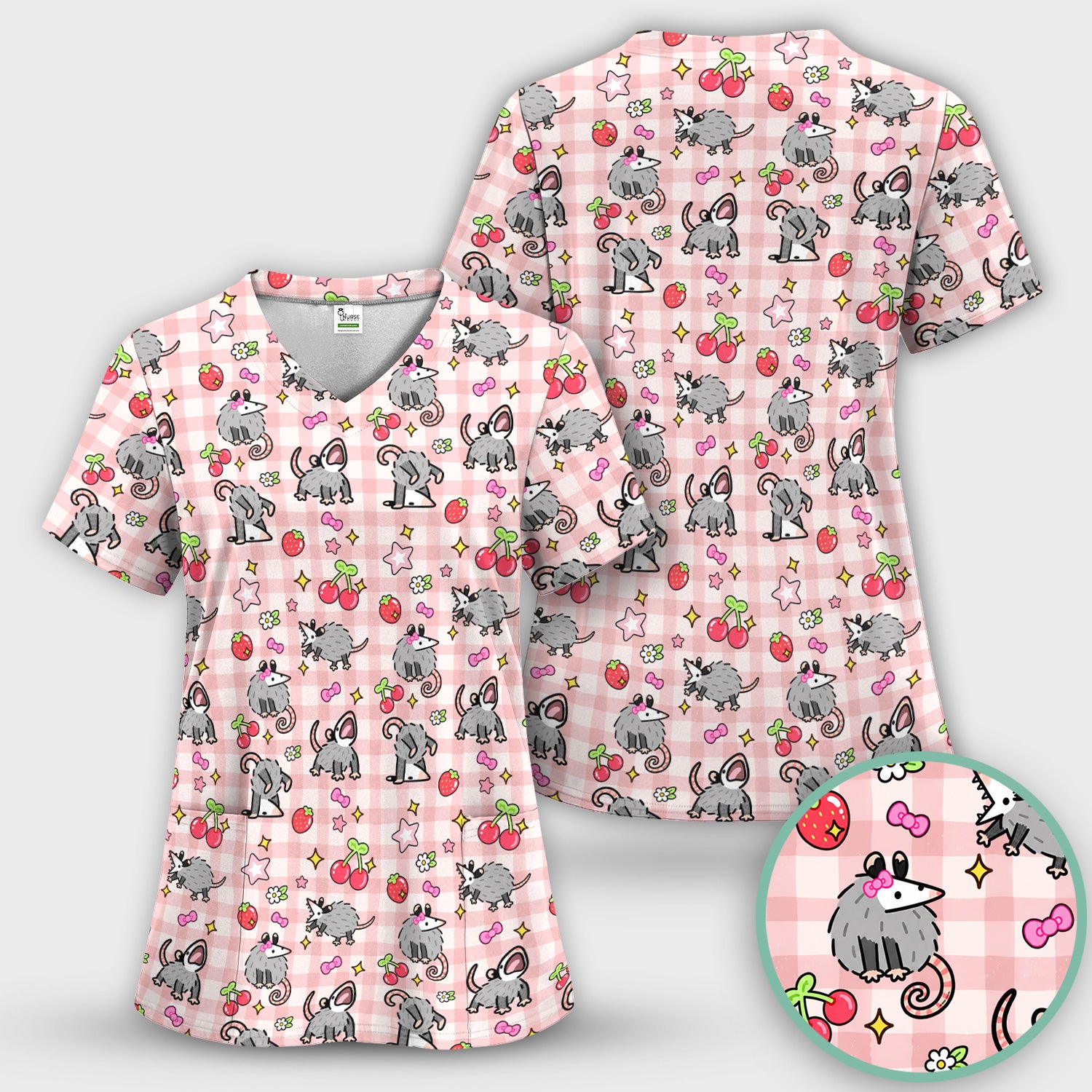 Cute Opossum And Cherries Gingham Pattern Scrub Set, Scrub Pants and V Neck Top