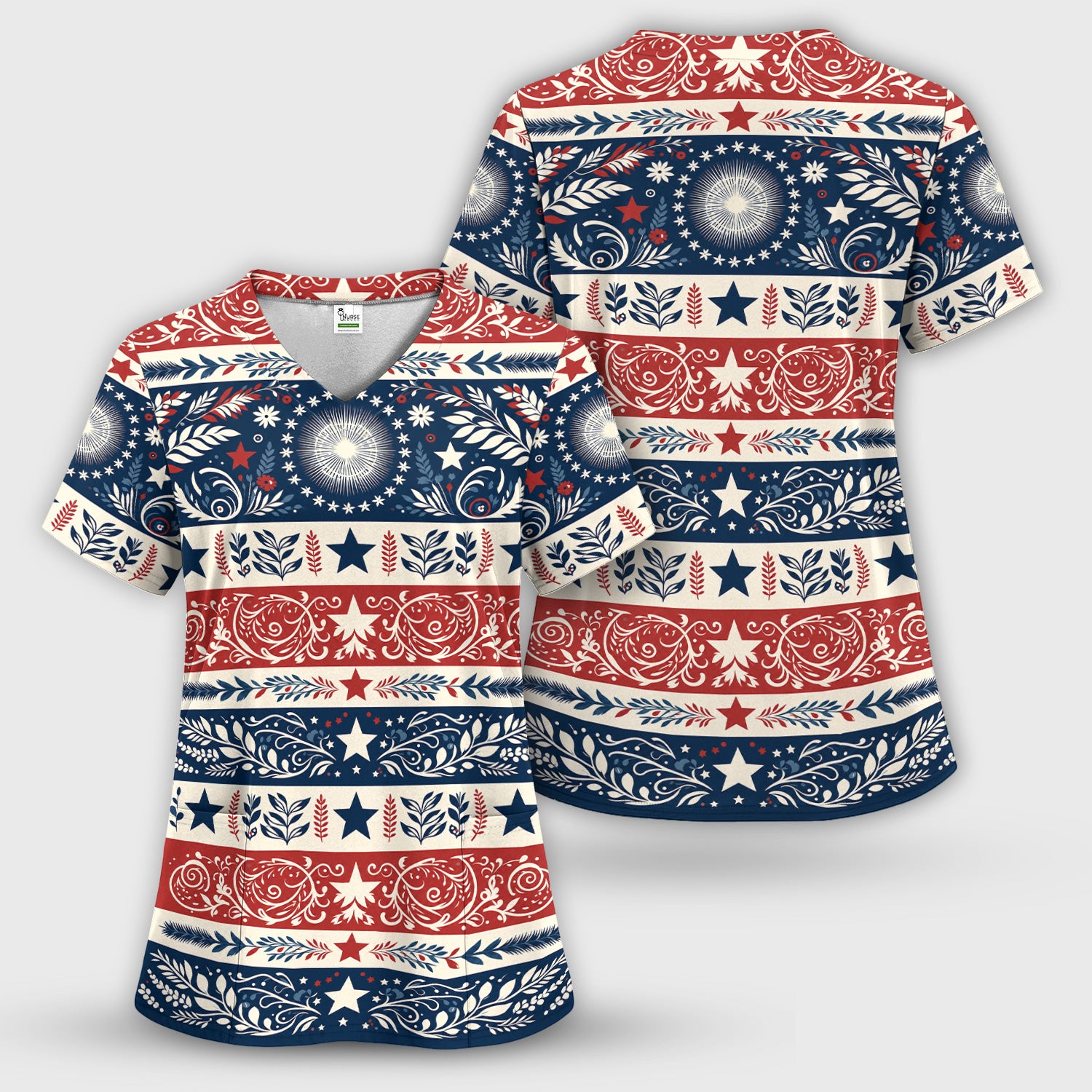 Patriotic Americana Starburst Floral Pattern Scrub Set, Scrub Pants and V Neck Top