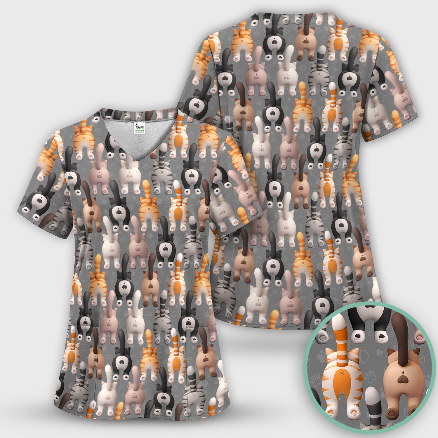 Funny Cat Butt Paw Print Pattern Scrub Set, Nurse Uniform Scrubs Set