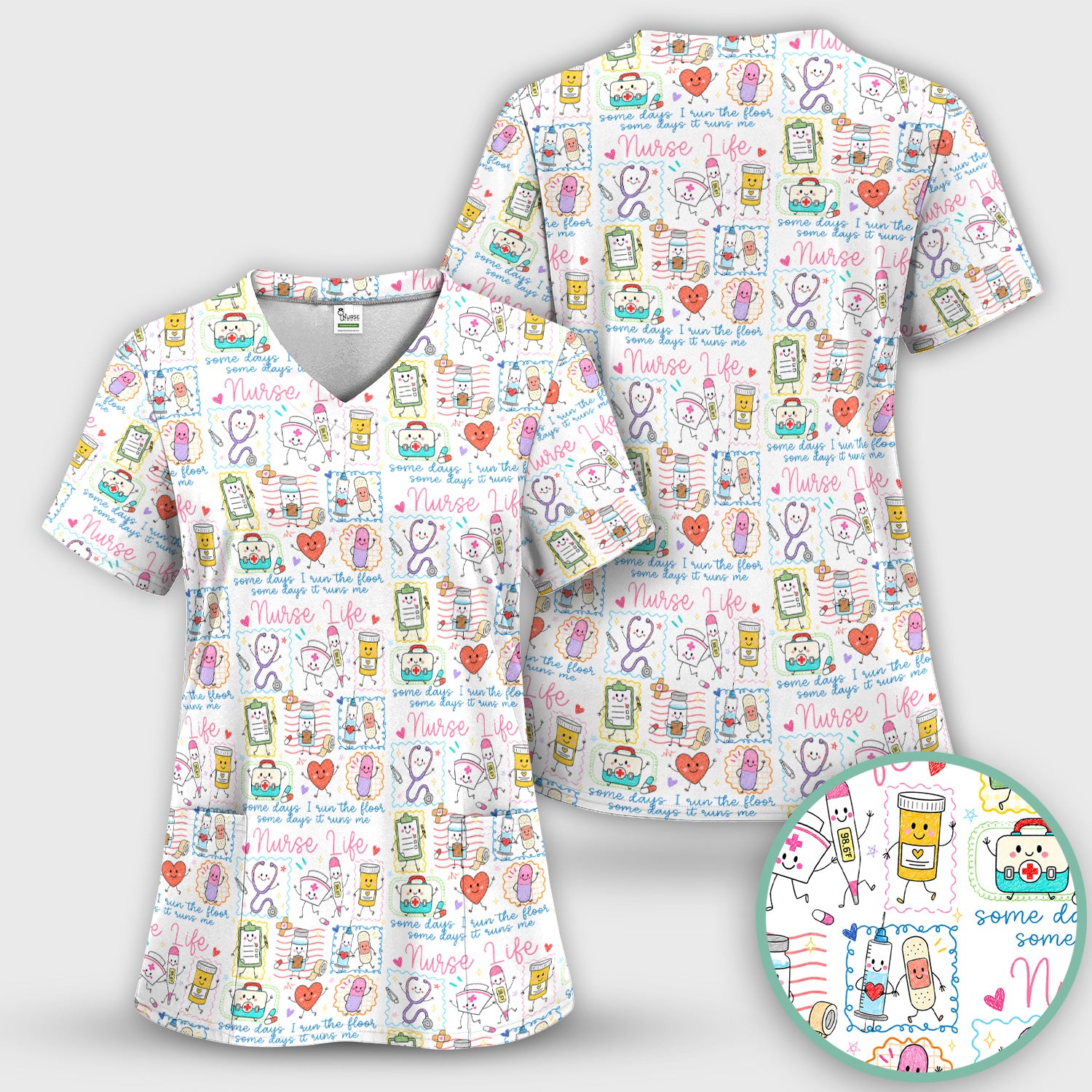 Cute Nurse Life Doodle Pediatric Nurse Scrub Set, Scrub Pants and V Neck Top
