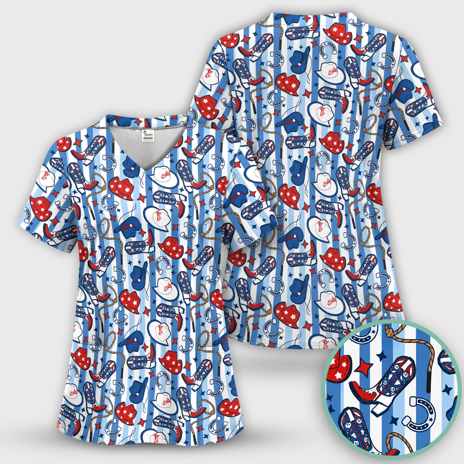 Western Cowboy Boots And Hats Print Scrub Set, Scrub Pants and V Neck Top