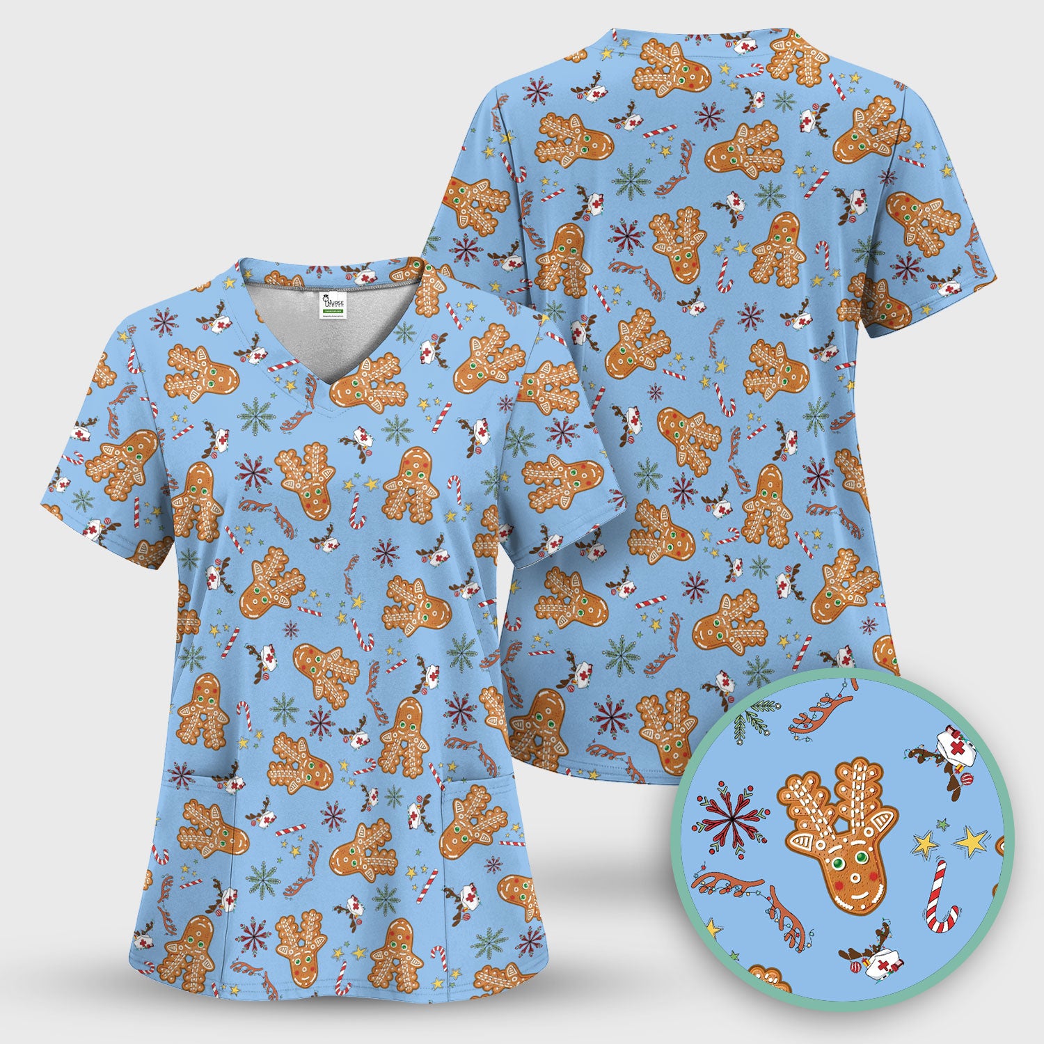 Gingerbread Cookies Reindeer Scrub Top - Funny Christmas Gingerbread Nursing Uniform - Comfortable Scrubs for Nurses
