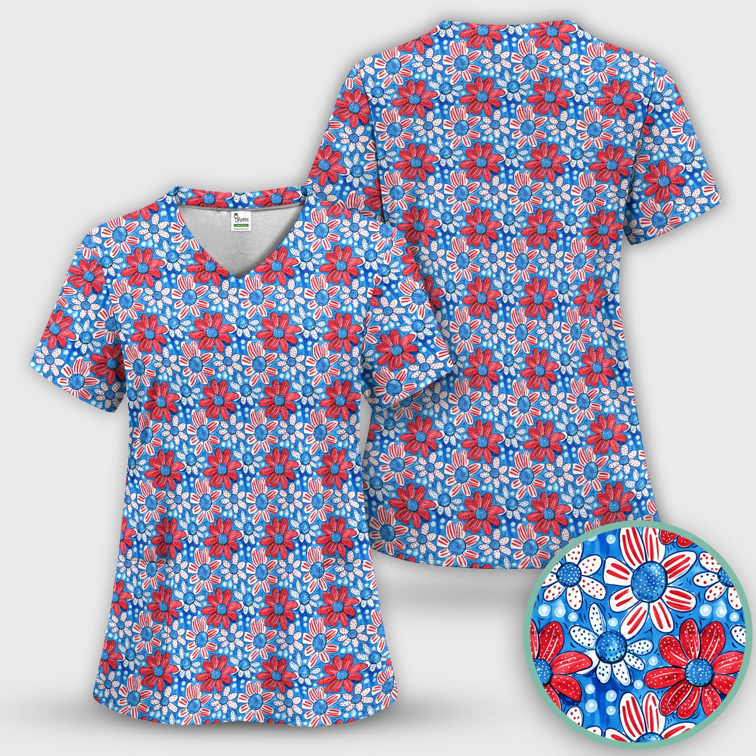 Cute Patriotic Daisy Blossom Repeat Pattern Scrub Set, Scrub Pants and V Neck Top
