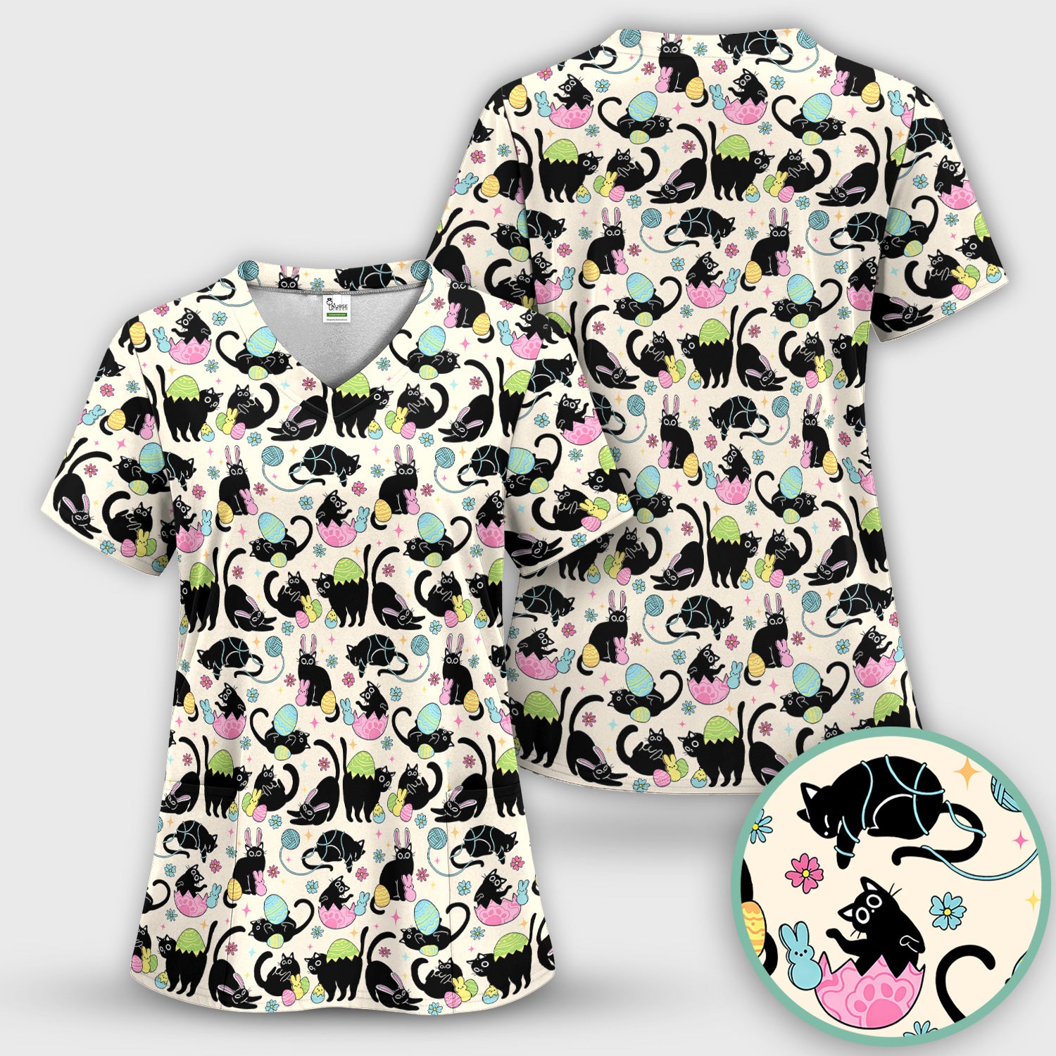 Funny Easter Black Cat Egg Pattern Scrub Top, Breathable Fabrics Nursing Uniform