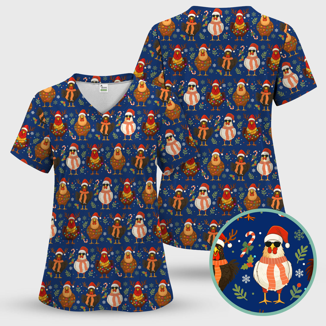 Chicken Scrubs Christmas Edition - Cute Funny Hen Pattern Medical Scrub Top for Women - Holiday Christmas Scrubs with Festive Print