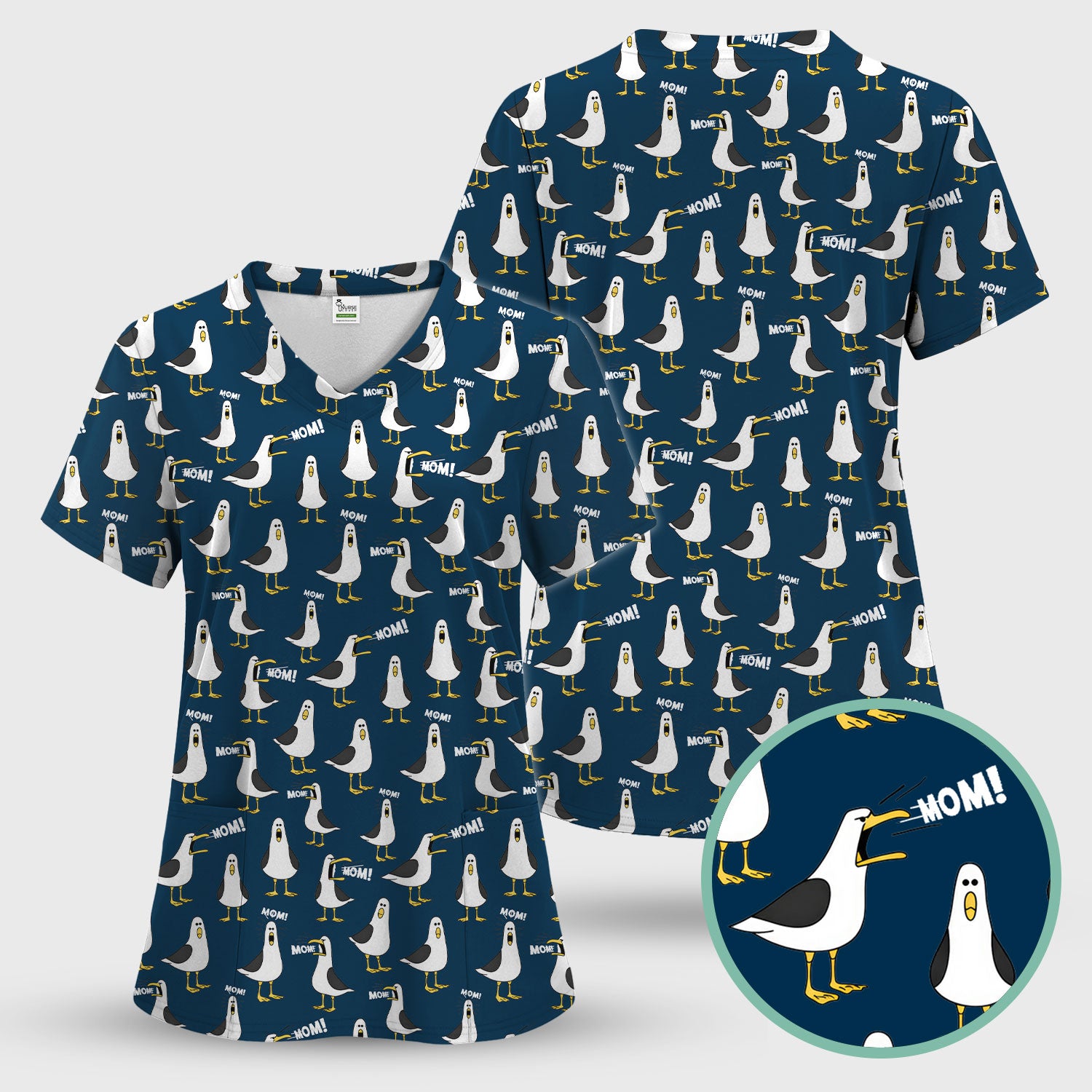 Funny Seagull Mom Seamless Pattern Scrub Set, Scrub Pants and V Neck Top