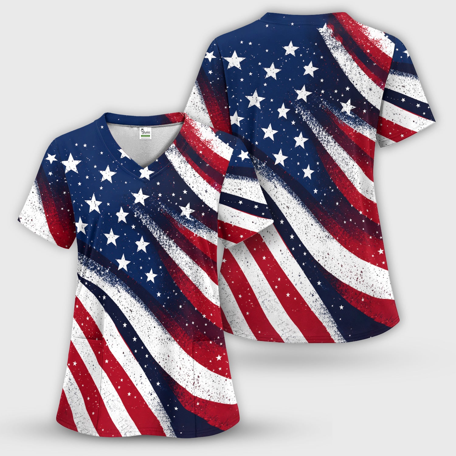 Festive American Flag Stars Pattern Scrub Set, Scrub Pants and V Neck Top