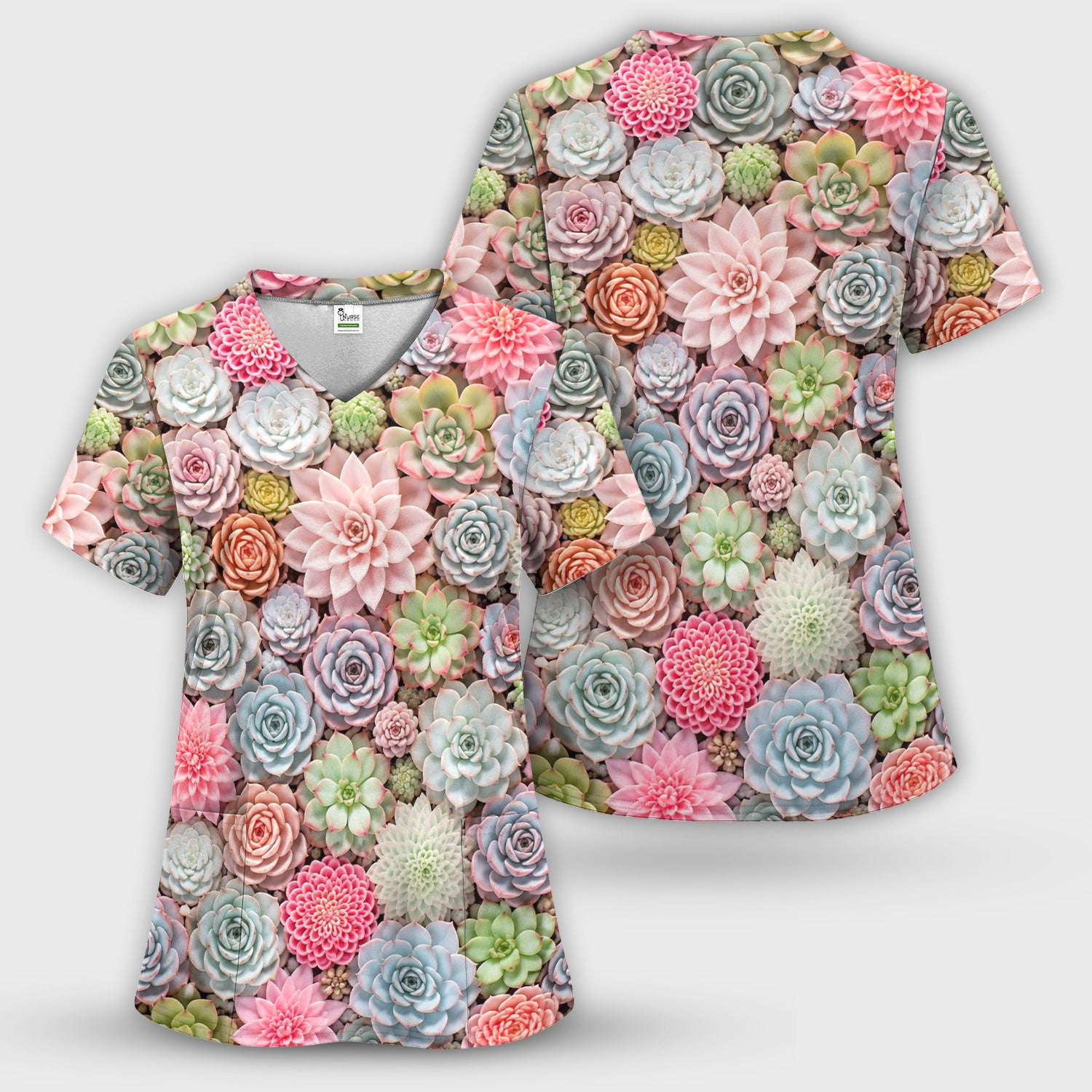 Cute Pastel Succulent Blossom Pattern Scrub Top, Comfortable Scrubs for Nurses