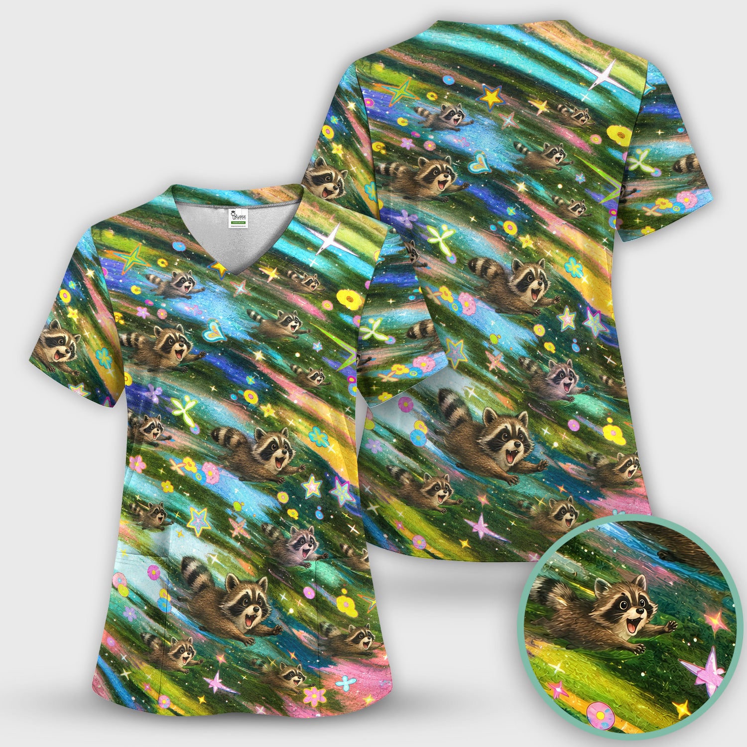 Cute Raccoon Rainbow Dash Pattern Scrub Top, Comfortable Scrubs for Nurses