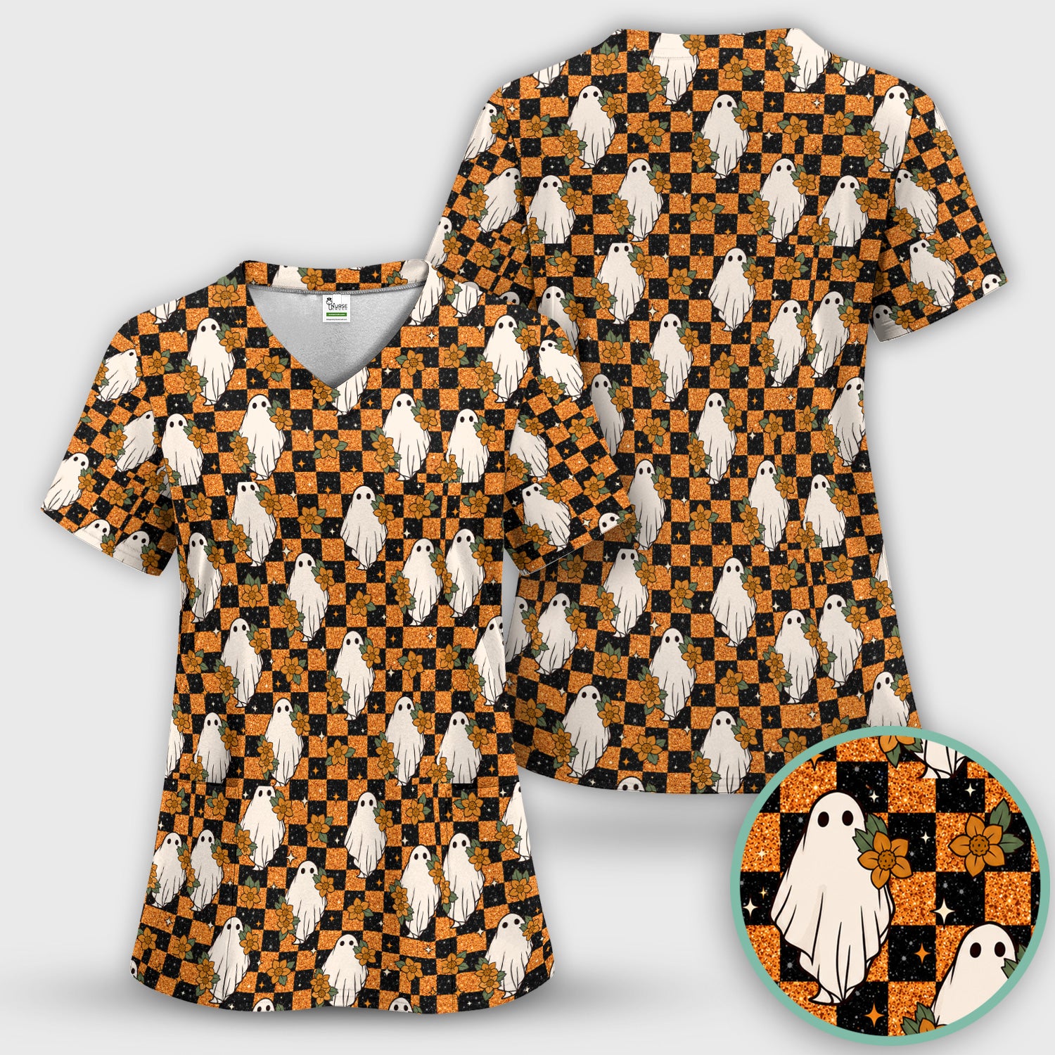 Spooky Halloween Ghost Checkerboard Scrub Top, Comfortable Scrubs for Nurses
