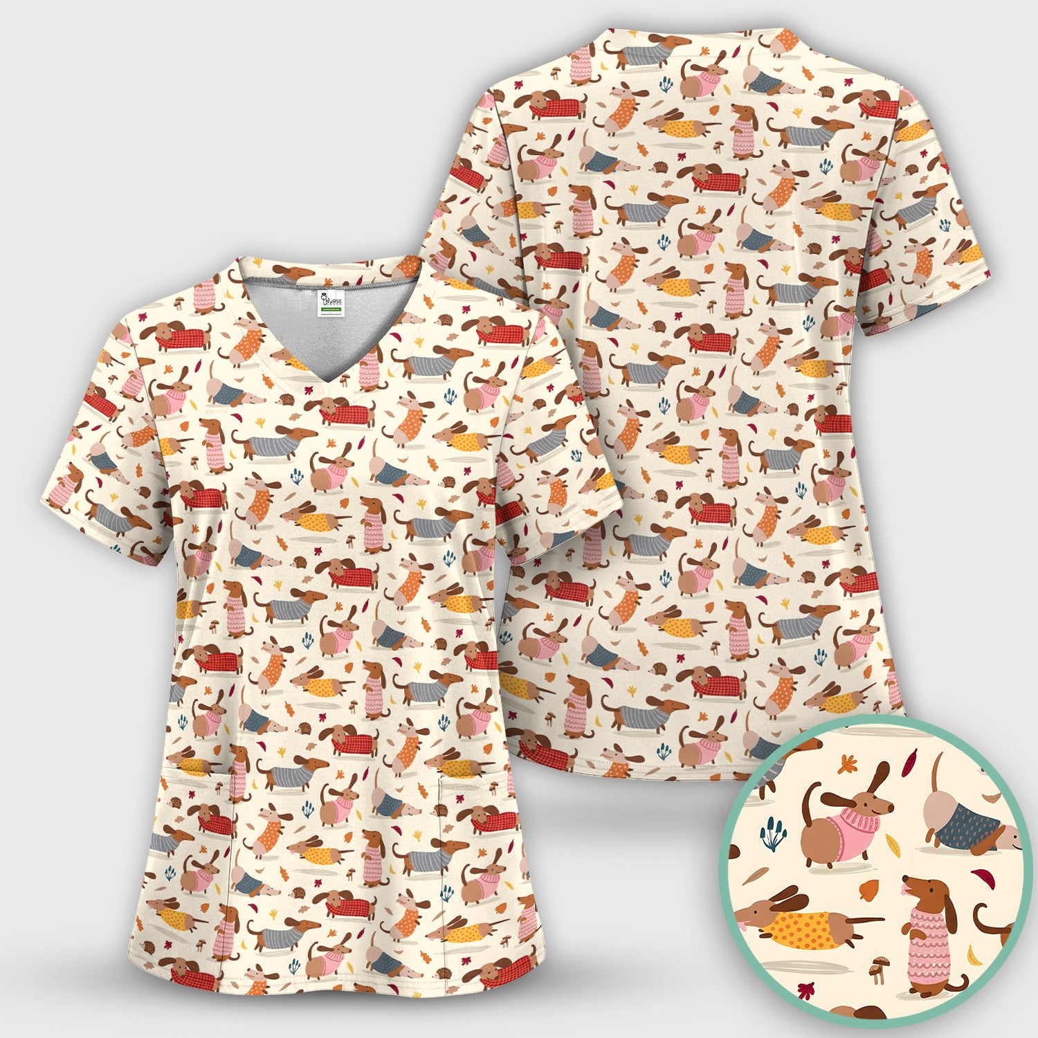 Cute Autumn Dachshund Print Scrub Set, Scrub Pants and V Neck Top