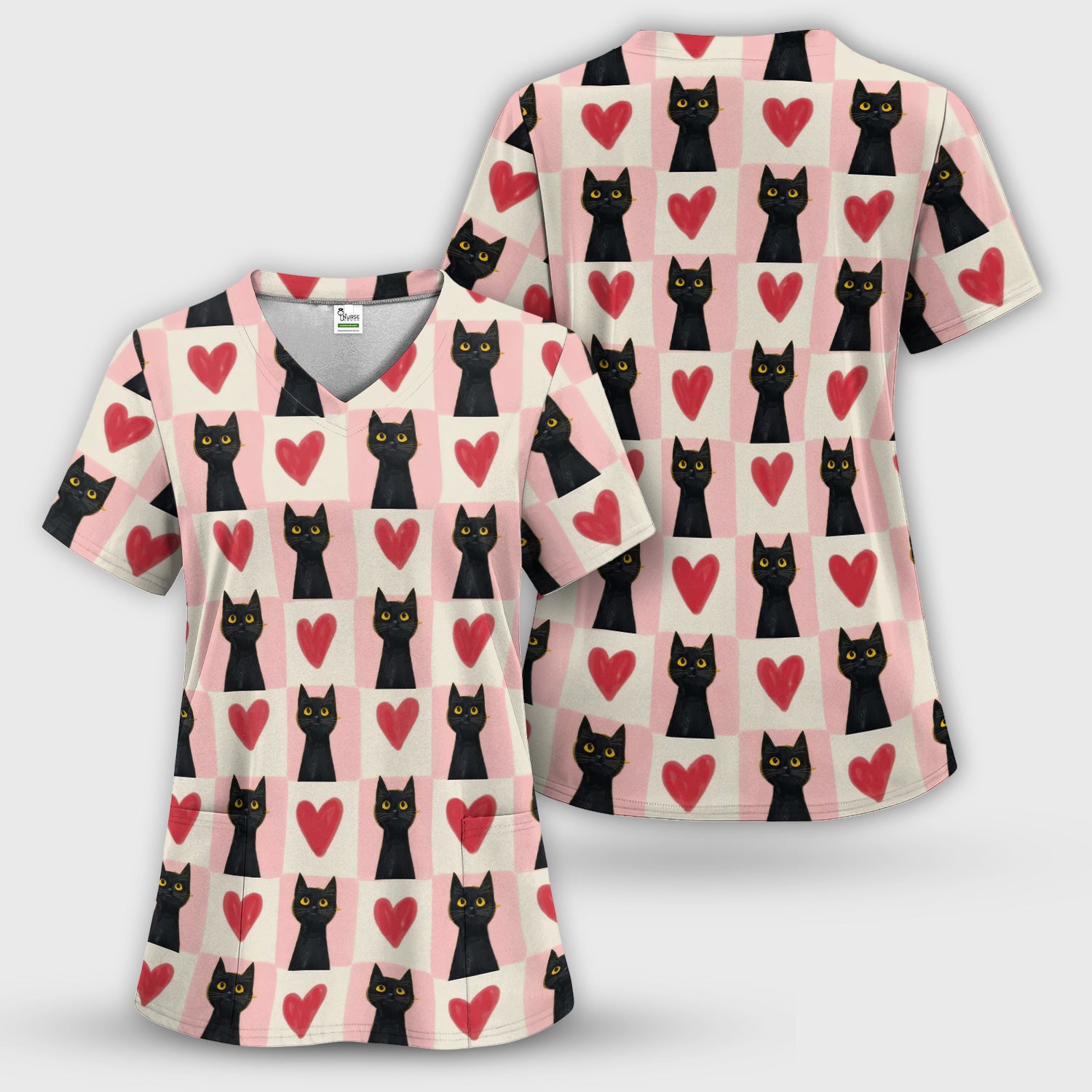 Cute Black Cat Heart Print V Neck Nursing Scrub Top, Comfortable Medical Uniform