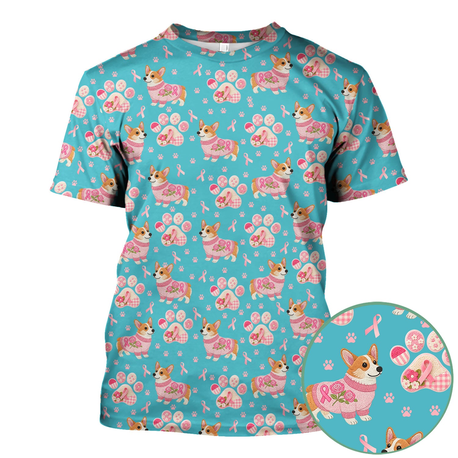 Floral Corgi Scrub Top for Women - Cute Dog Paw Print with Pink Ribbon Shirt - Breast Cancer Awareness October Gift