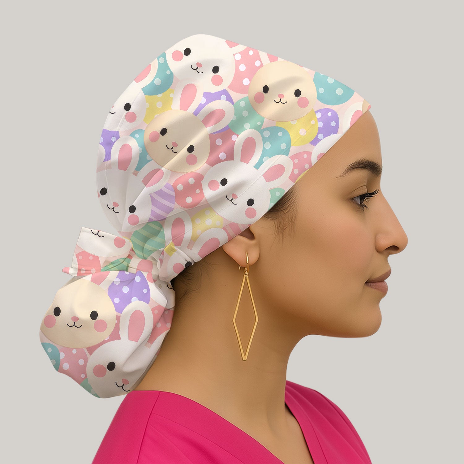 Pastel Bunny Faces Easter Eggs Pattern Caps, Bouffant Scrub Caps for Women