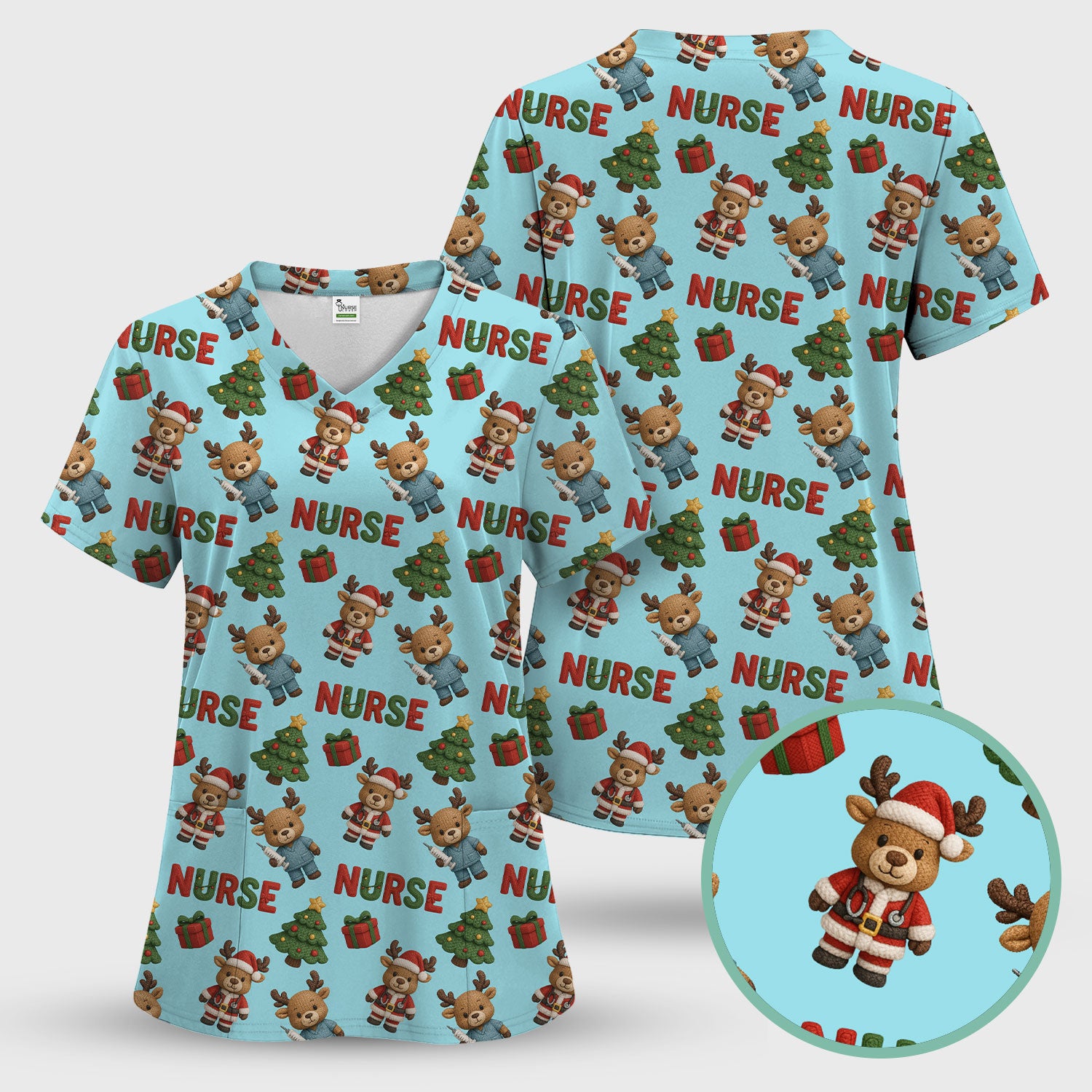 Reindeer Christmas Scrub Top, Cute Holiday Nurse Scrub Shirt, Festive Pattern Nursing Uniform