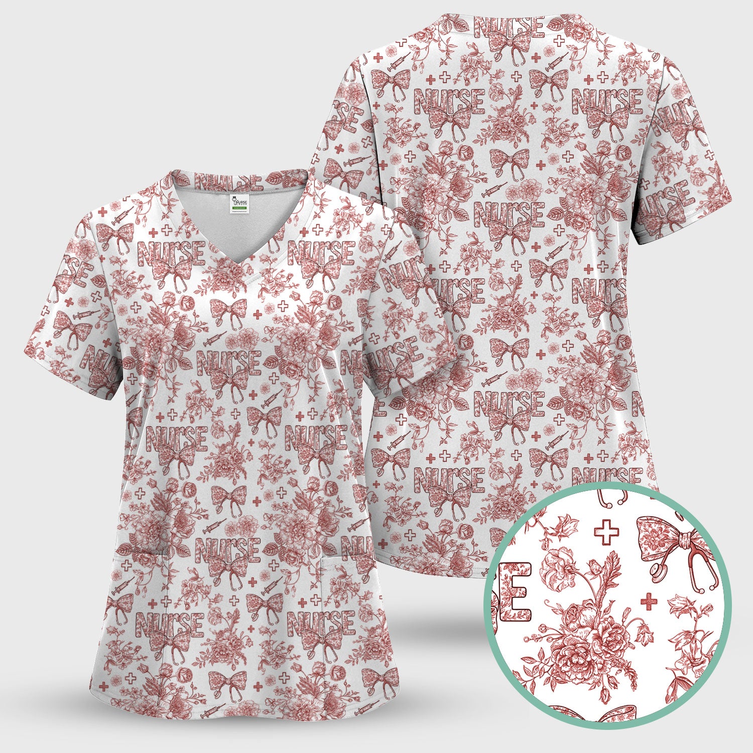 Toile de Jouy Nurse Scrub Set - Elegant Floral Pattern Scrubs for Women - Stylish Flower Medical Scrubs Gift for Healthcare Workers