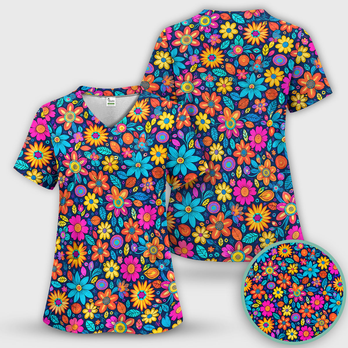 Vibrant Retro Floral Doodle Pattern Scrub Top, Comfortable Scrubs for Nurses