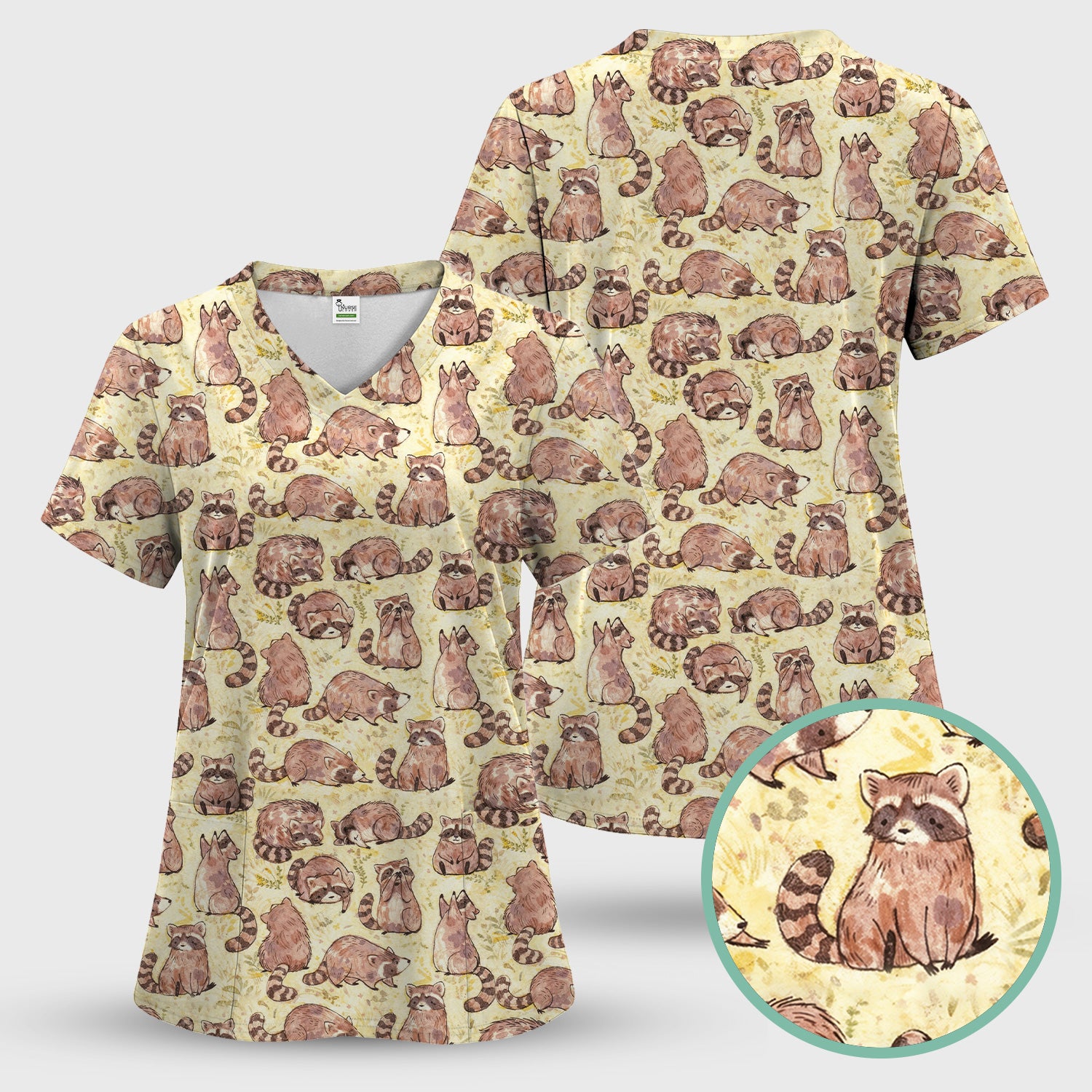 Cute Raccoon Woodland Pattern Scrub Set, Scrub Pants and V Neck Top