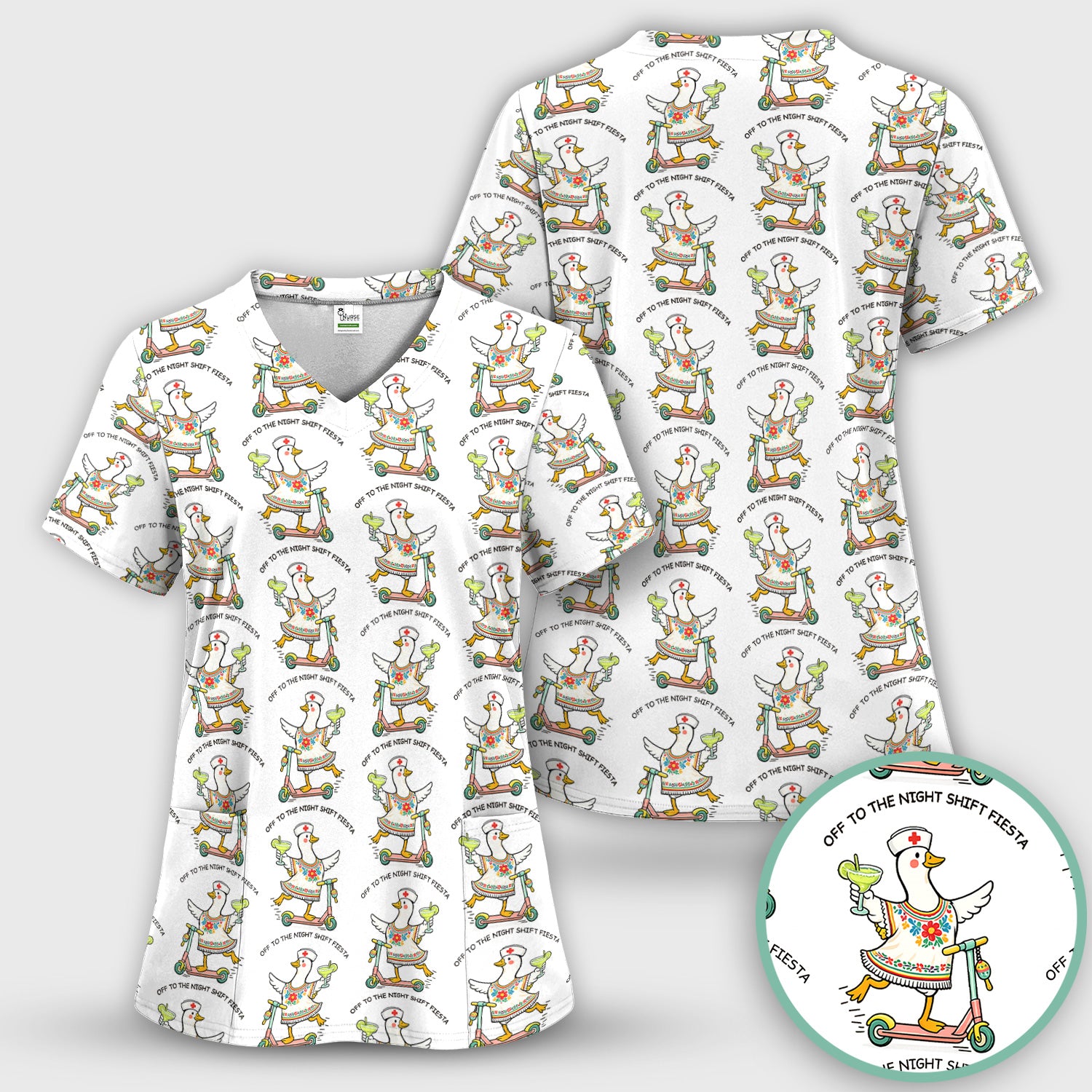 Funny Duck Scooter Night Shift Fiesta Scrub Top, Comfortable Scrubs for Nurses