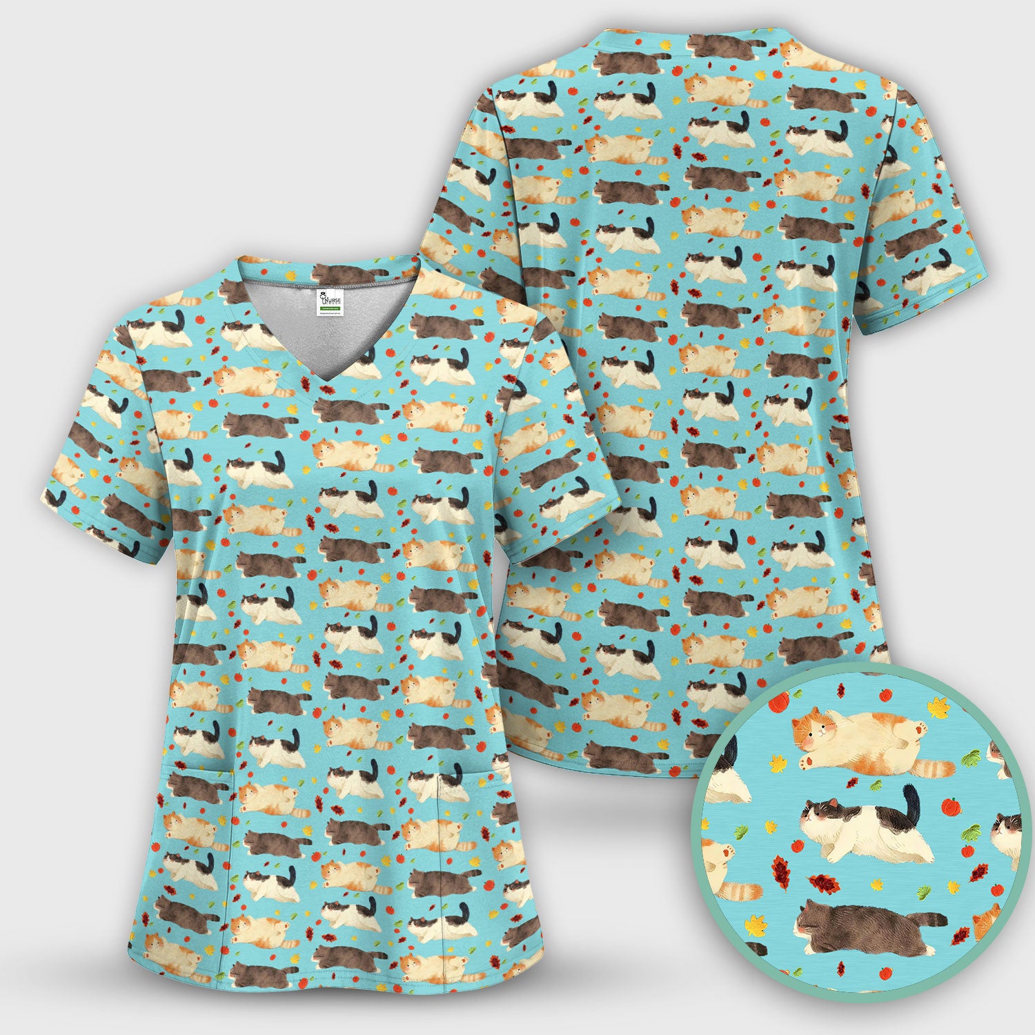 Chubby Cat Autumn Leaves Print Scrub Top, Breathable Fabrics Nursing Uniform
