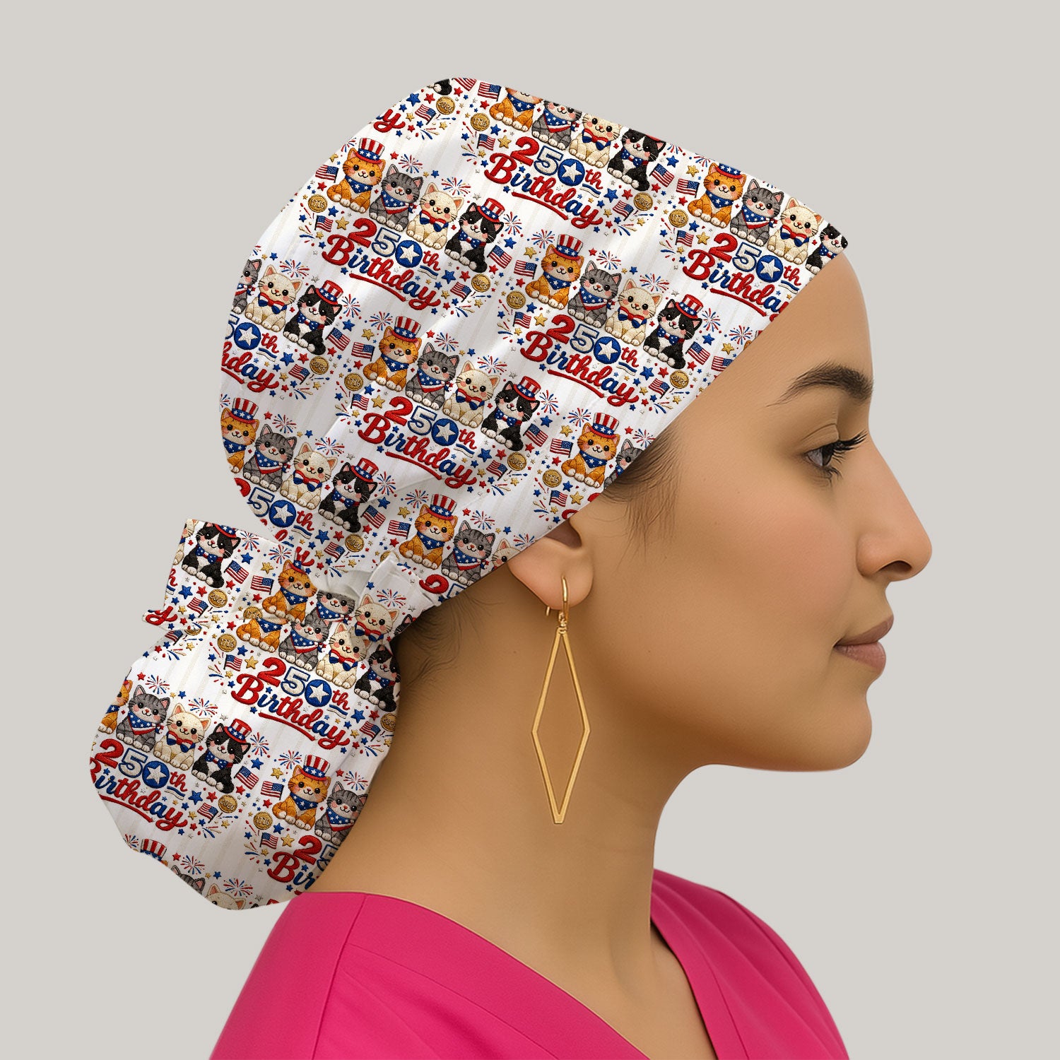 America 250th Anniversary Cat Pattern Surgical Cap, Breathable Fabrics Caps Uniform