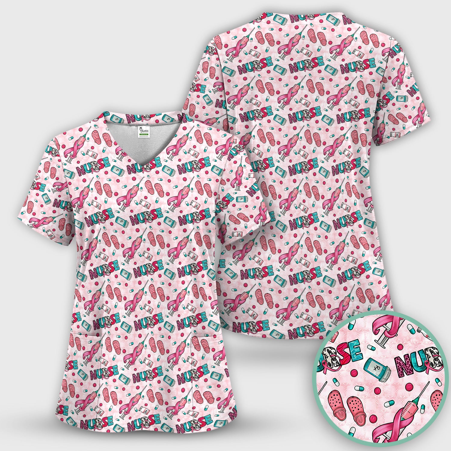 Pink Ribbon with Recovery Print Scrub Top, Comfortable Scrubs for Nurses