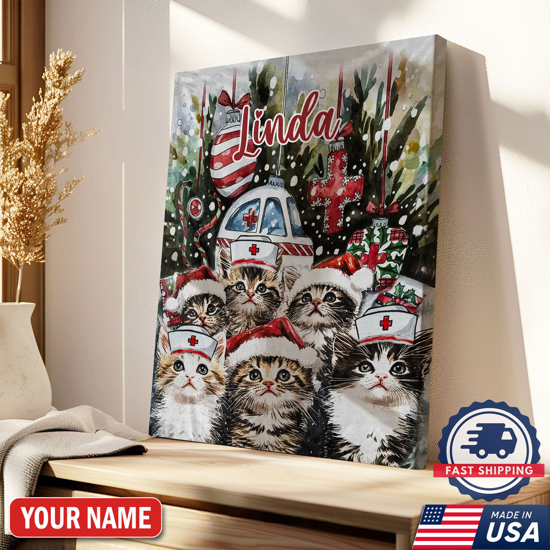 Personalized Nurse Cat Christmas Canvas, Custom Name Nurse Wall Art, Cute Holiday Gift For RN And Cat Lovers
