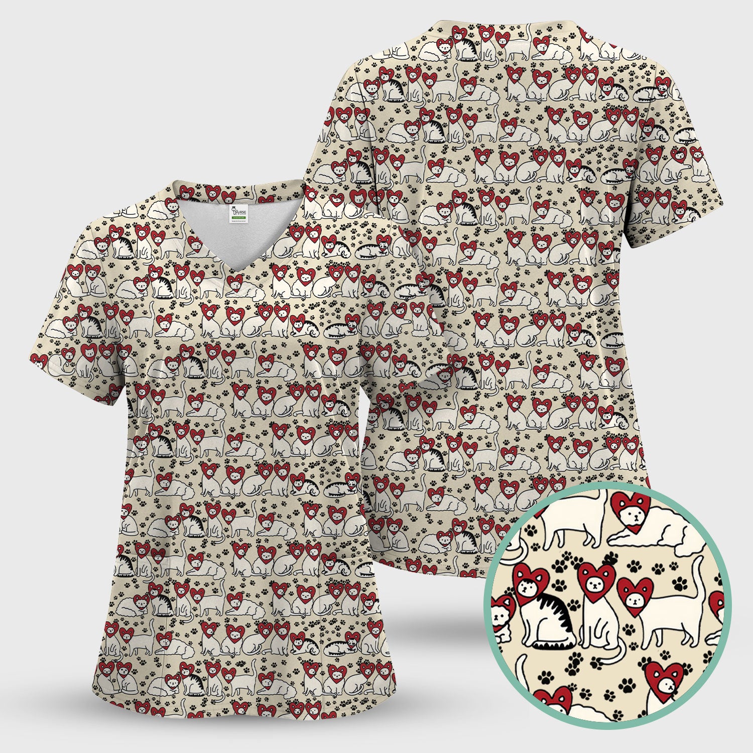 Cute Cat Heart Pattern Scrub Top, Funny Cat Scrub Shirt For Nurses, Breathable Fabrics Nursing Uniform
