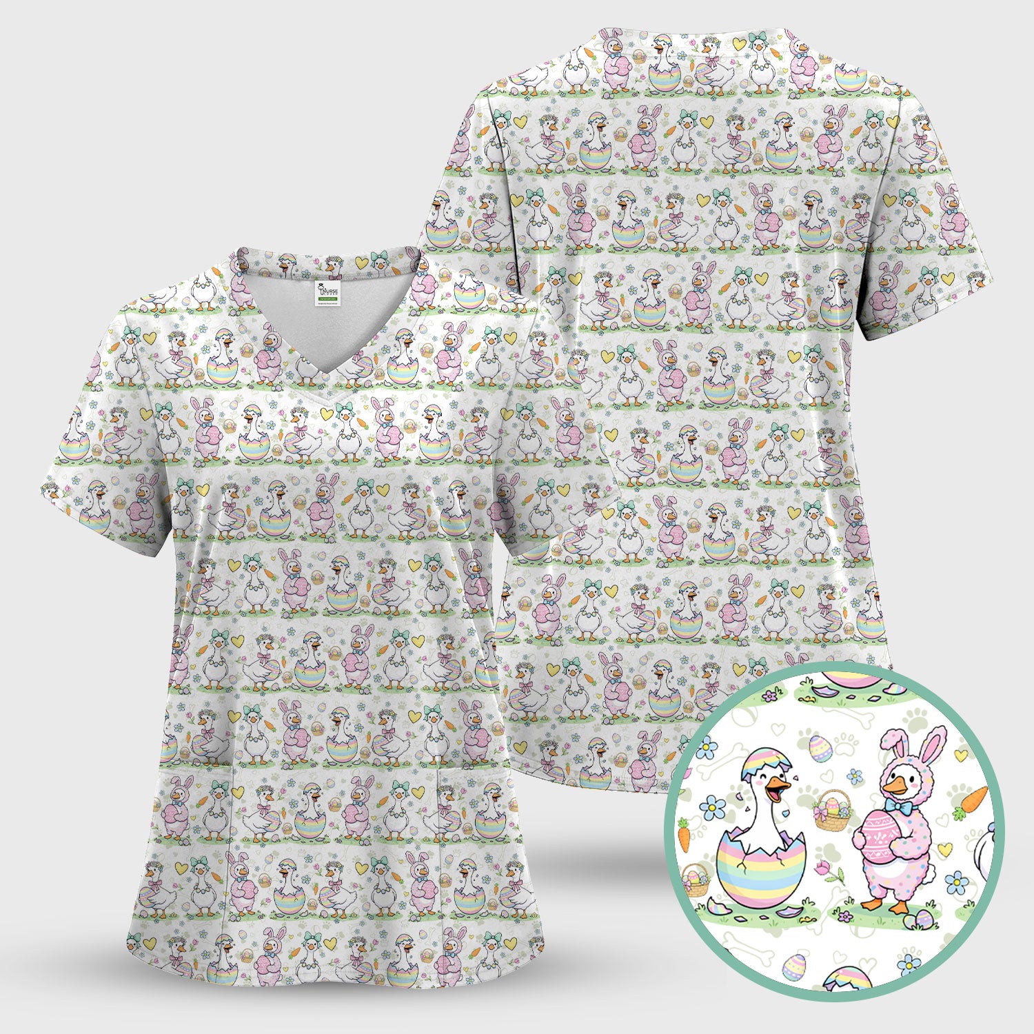 Pastel Easter Goose Bunny Egg Pattern Scrub Top, Comfortable Scrubs for Nurses