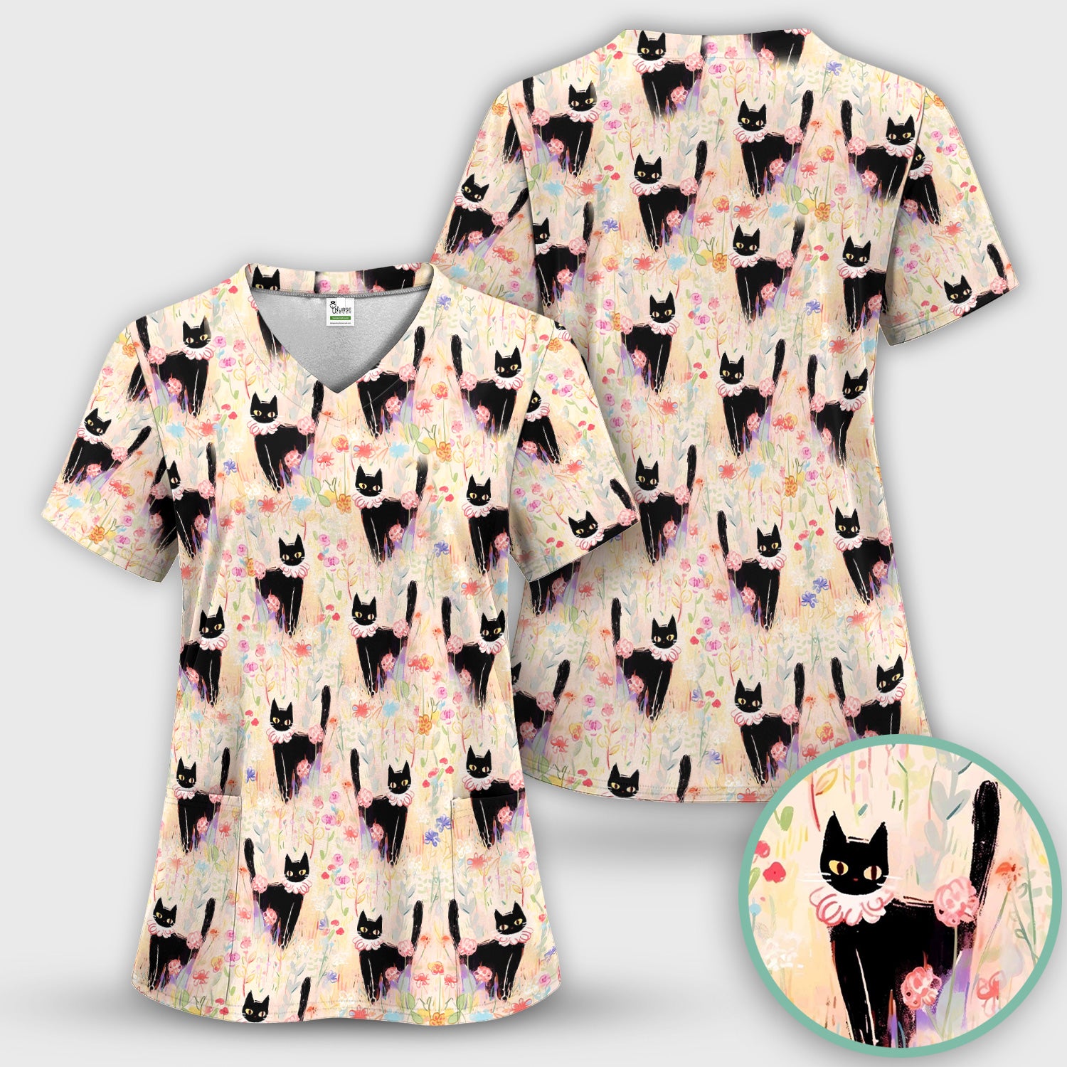 Black Cat Floral Garden Nurse Pattern Scrub Top, Breathable Medical Scrubs