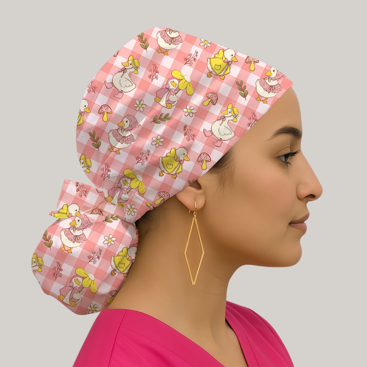 Cute Duck Outfit Gingham Pattern Scrub Cap, Bouffant Scrub Caps for Women