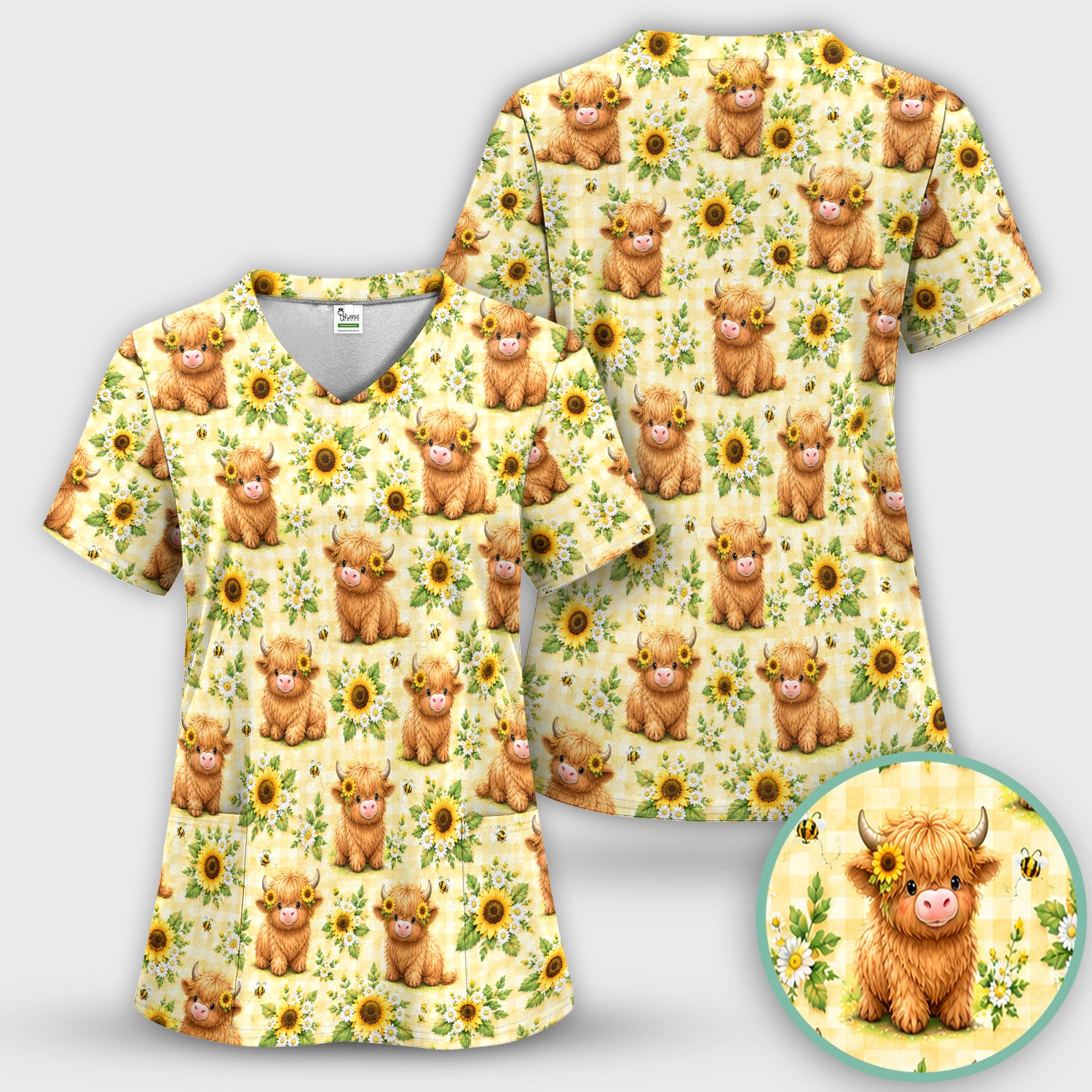 Sunflower Highland Cow And Bee Pattern Scrub Top, Comfortable Scrubs for Nurses