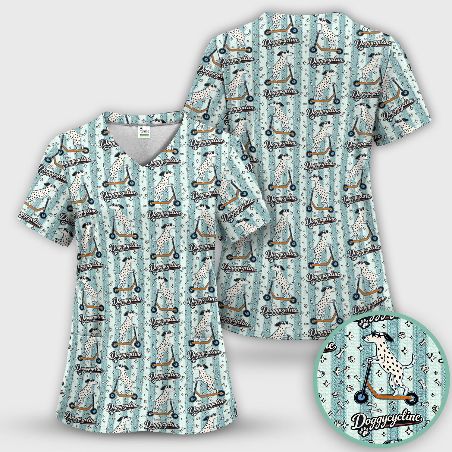 Veterinary Dalmatian Dog Pattern Scrub Set, Scrub Pants and V Neck Top