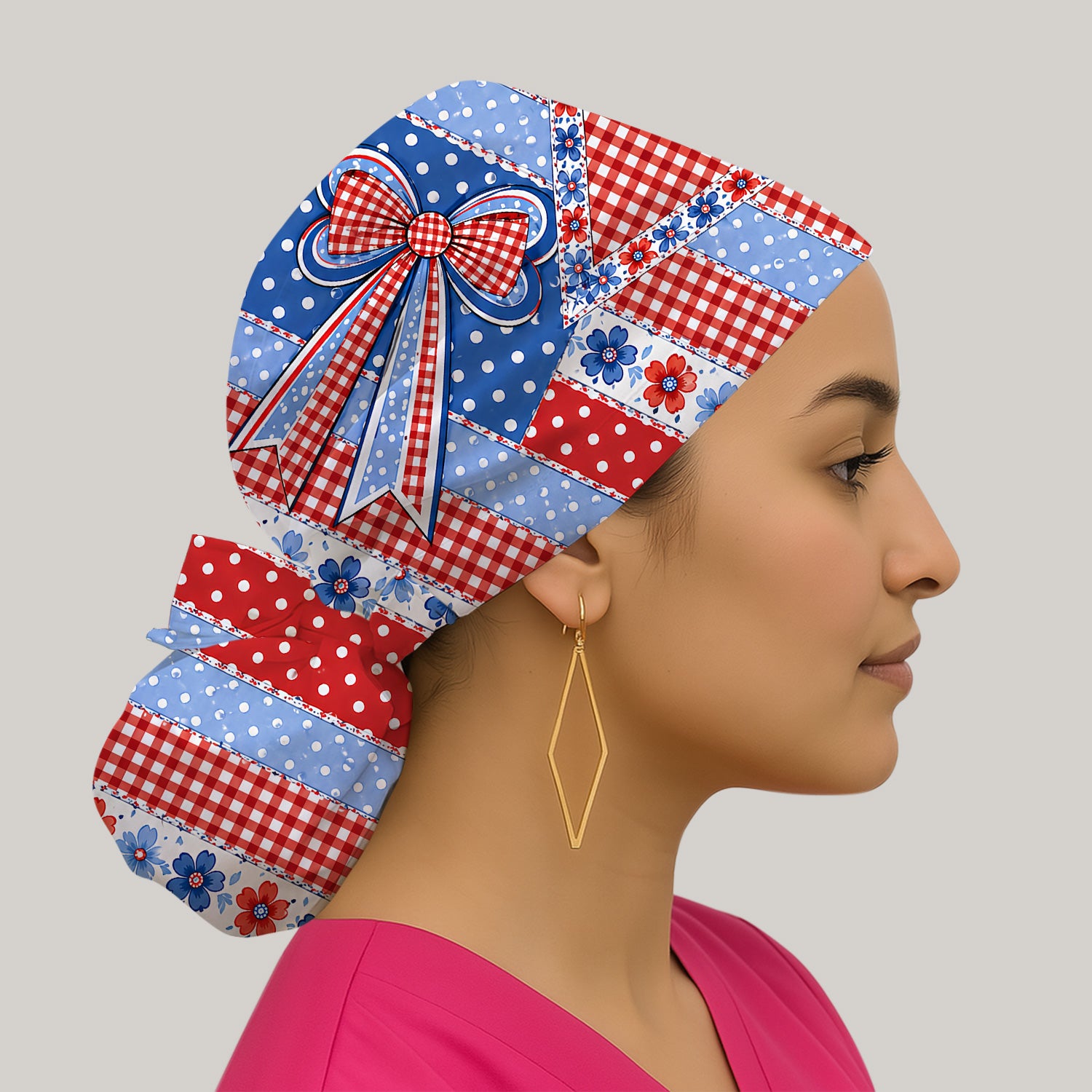 Patriotic Gingham Bow Floral Pattern Scrub Cap, Surgical Caps for Doctors