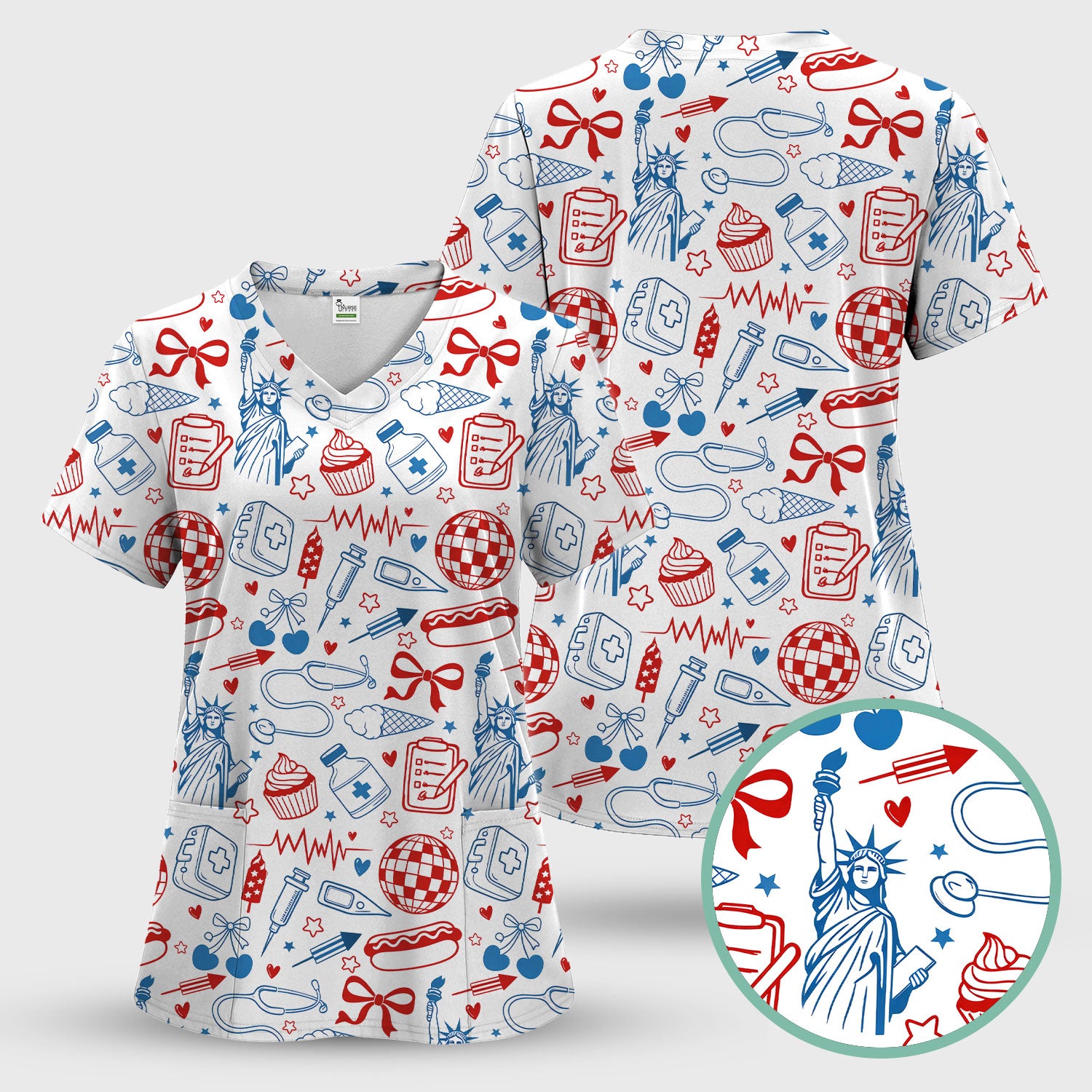 Patriotic Nurse Medical Icons Pattern Scrub Set, Scrub Pants and V Neck Top