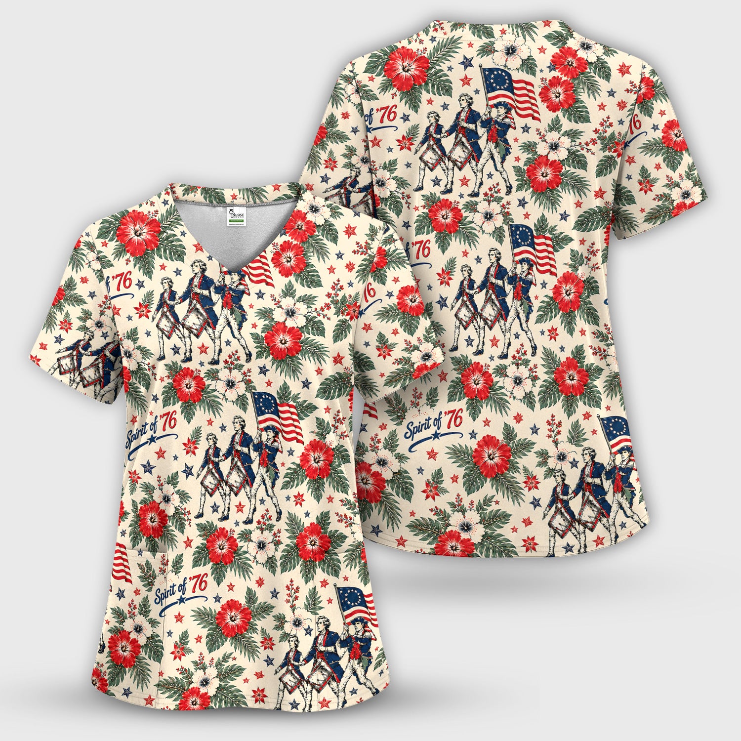 Vintage 1776 Patriot with Floral Flag Scrub Set, Scrub Pants and V Neck Top