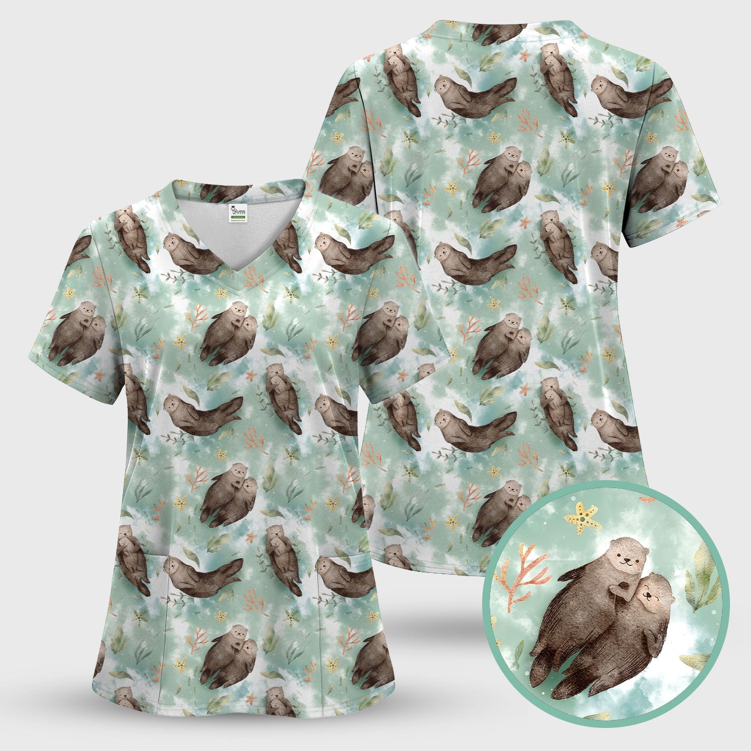 Cute Sea Otter Watercolor Print Scrub Set, Scrub Pants and V Neck Top