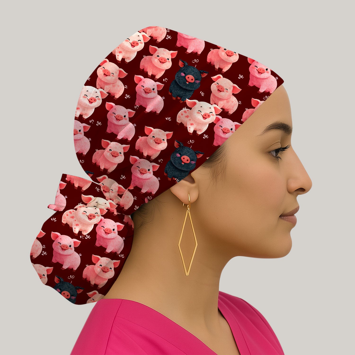 Funny Farm Pig Cartoon Pattern Cap, Bouffant Scrub Caps for Women