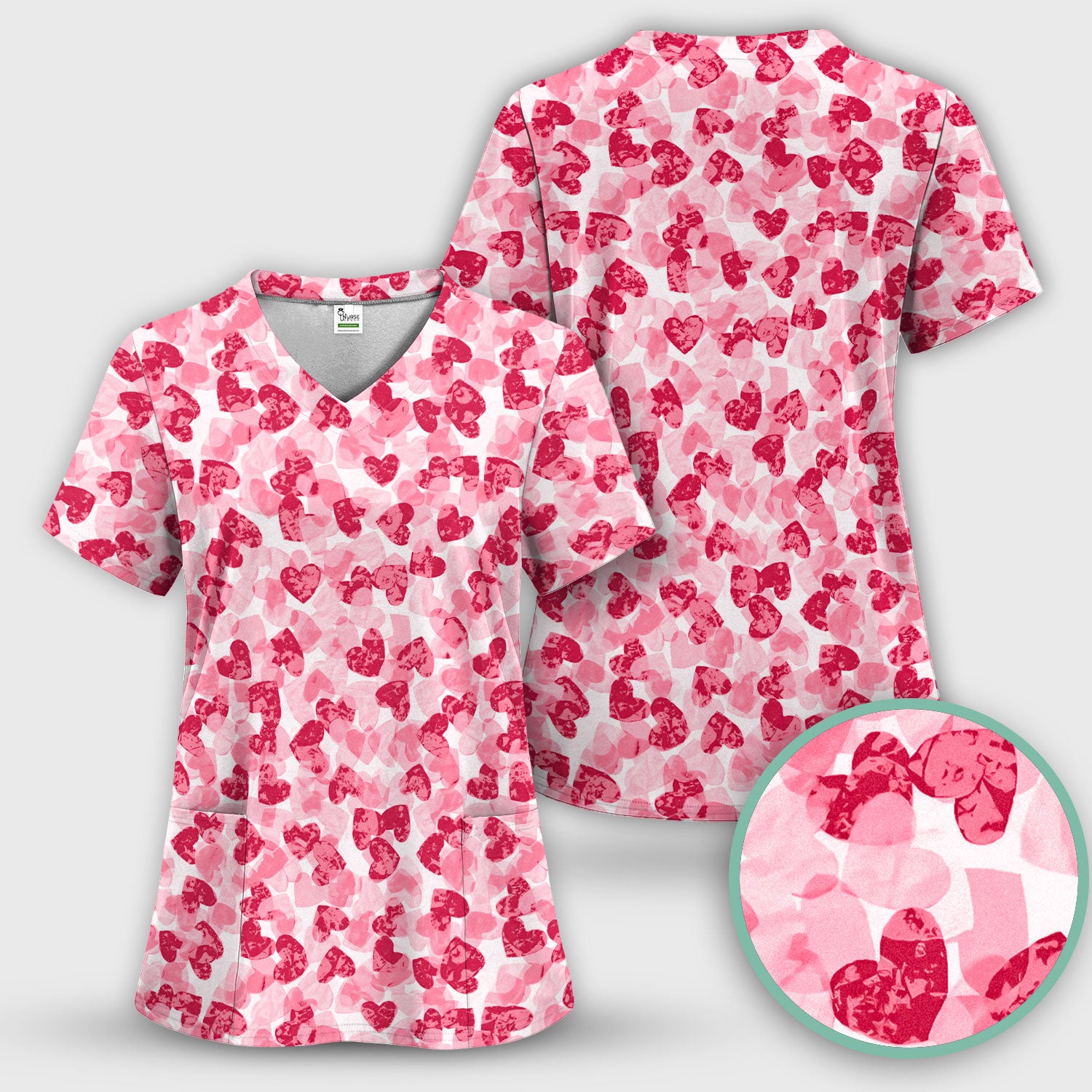 Valentine Heart Pattern Medical Scrub Set, Women's Scrub Sets