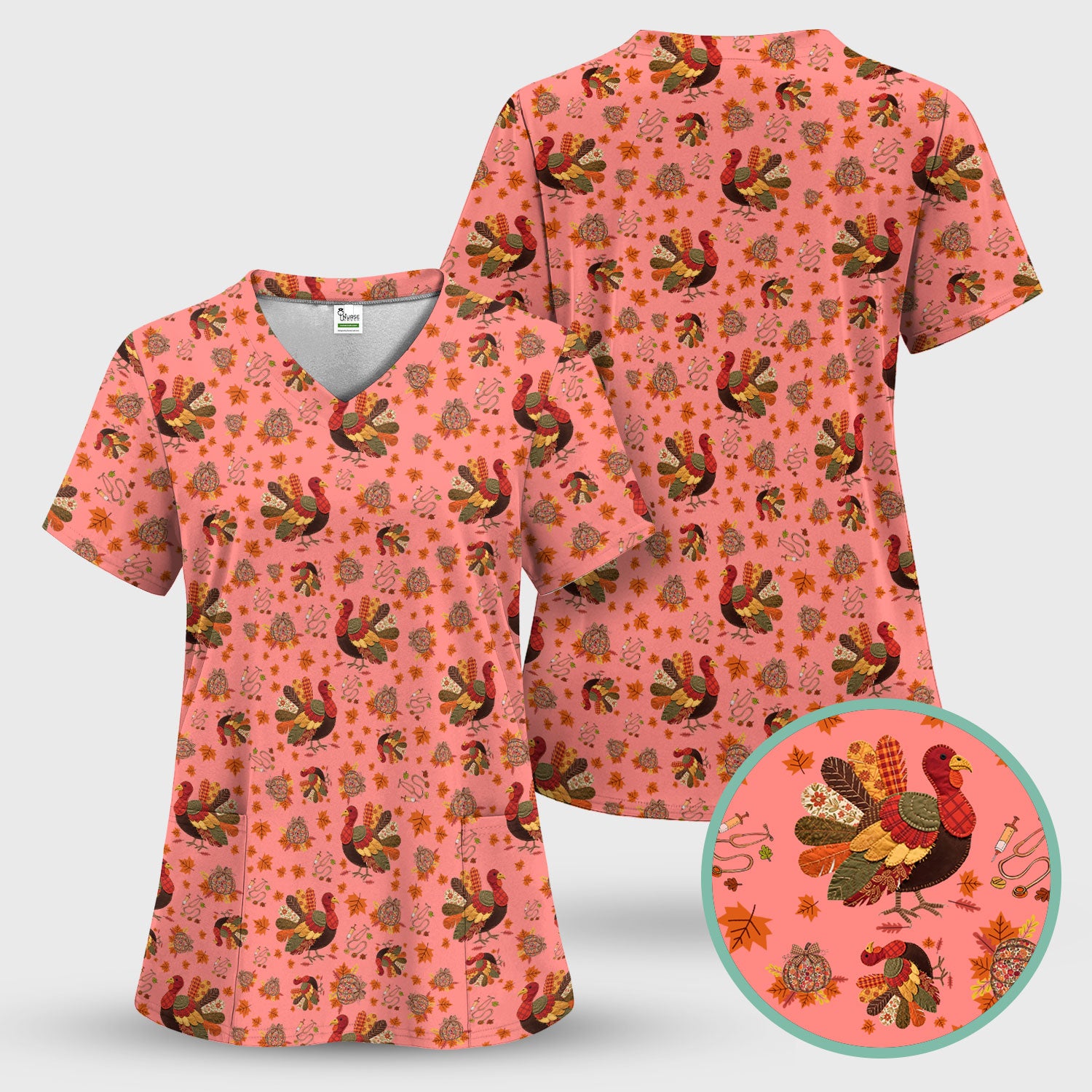 Fall Leaves Thanksgiving Scrubs for Nurses - Comfortable Scrub Tops - Turkey Nursing Uniform Gift for Women