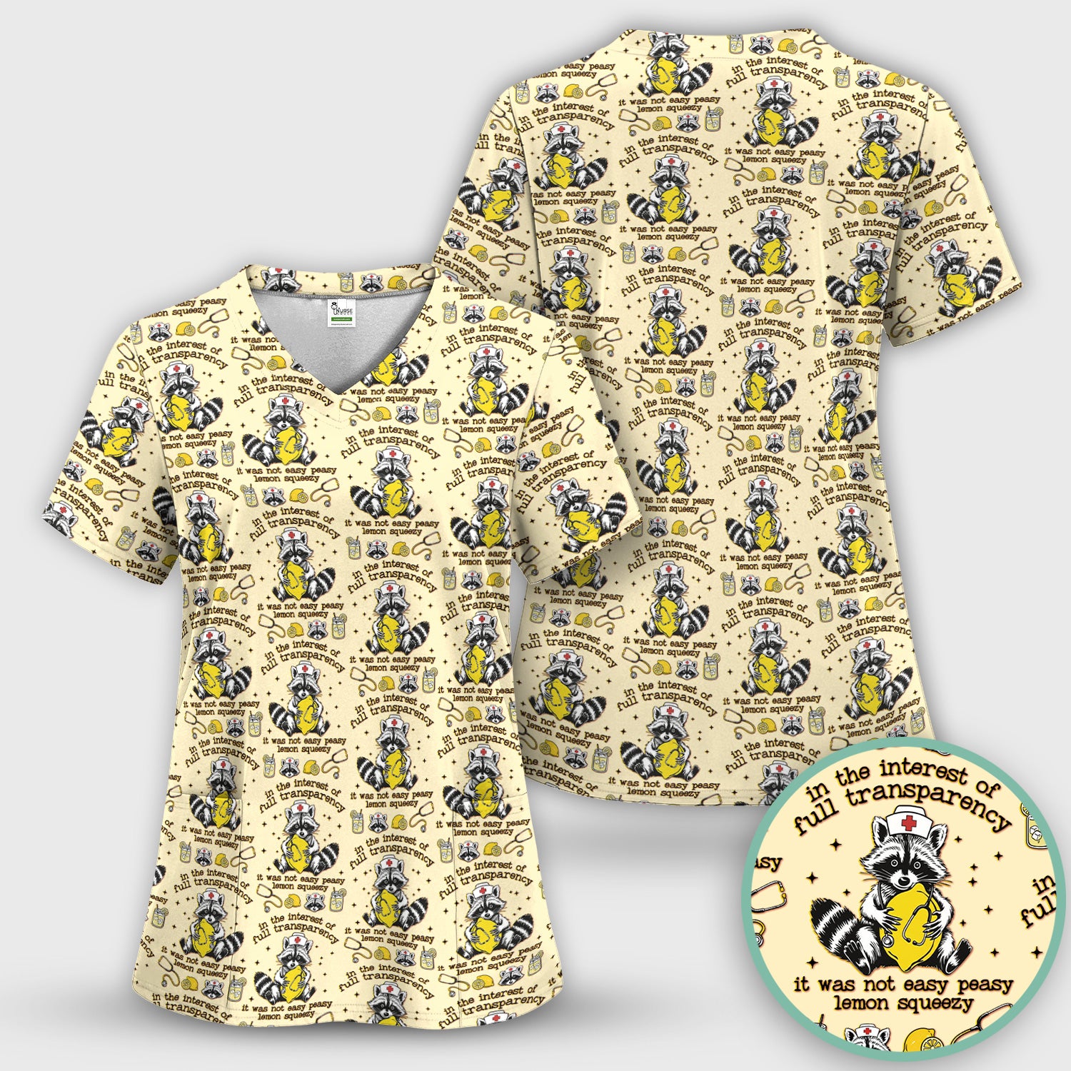 Raccoon Lemon Quote Medical Humor Pattern Scrub Top, Breathable Fabrics Nursing Uniform