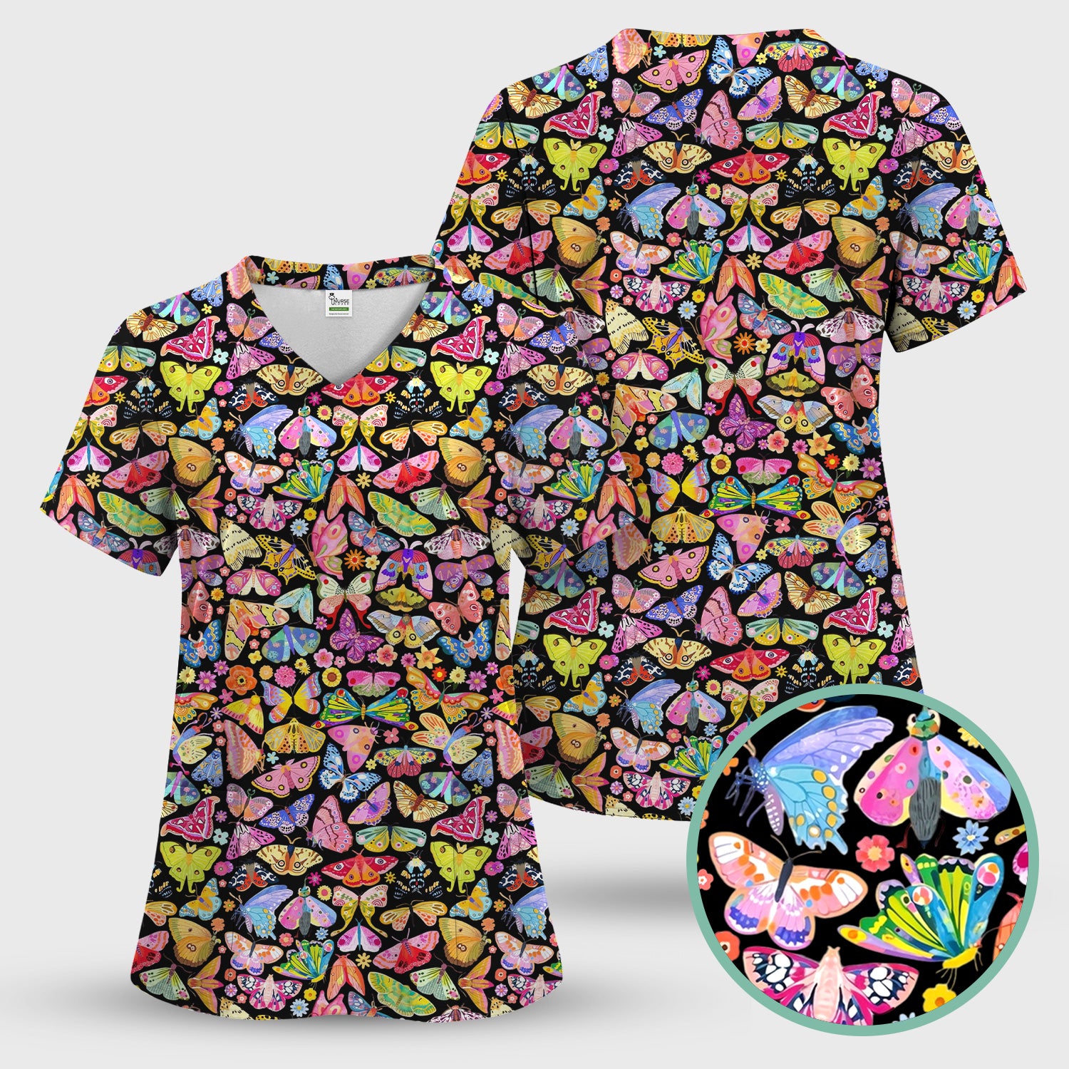 Cute Bright Butterfly Moth Floral Scrub Top, Breathable Fabrics Nursing Uniform